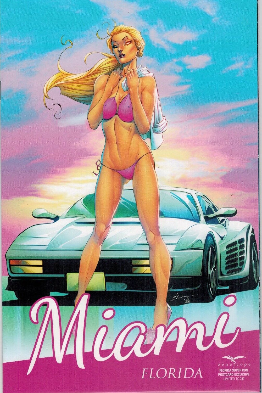 1girls 2018 80s_aesthetic ale_garza belly_button big_breasts bikini bikini_bottom bikini_top blonde_hair blue_eye bra breasts busty car cleavage comic_cover erect_nipples erect_nipples_under_clothes female female_only glowing_eye grimm_fairy_tales_(comic) large_breasts long_hair miami midriff navel nipple_bulge nipples official_art orange_eye panties pinup ponytail purple_lips purple_lipstick robyn_hood robyn_locksley solo standing stomach thighs zenescope zenescope_entertainment