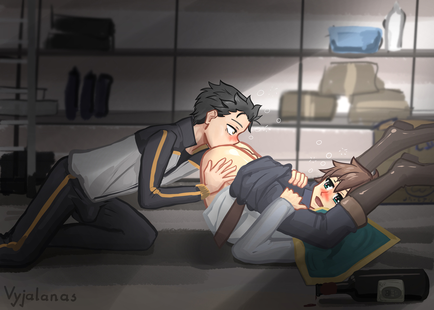 analingus, ass, ass up, black hair, boots, brown hair, bulge, clothing, crossover, drunk, eating ass, erection under clothes, gay, green eyes, isekai quartet, kono subarashii sekai ni shukufuku wo!, legs up, male, male only, natsuki subaru, pants down, re:zero kara hajimeru isekai seikatsu, satou kazuma, vyjalanas, wine, yaoi