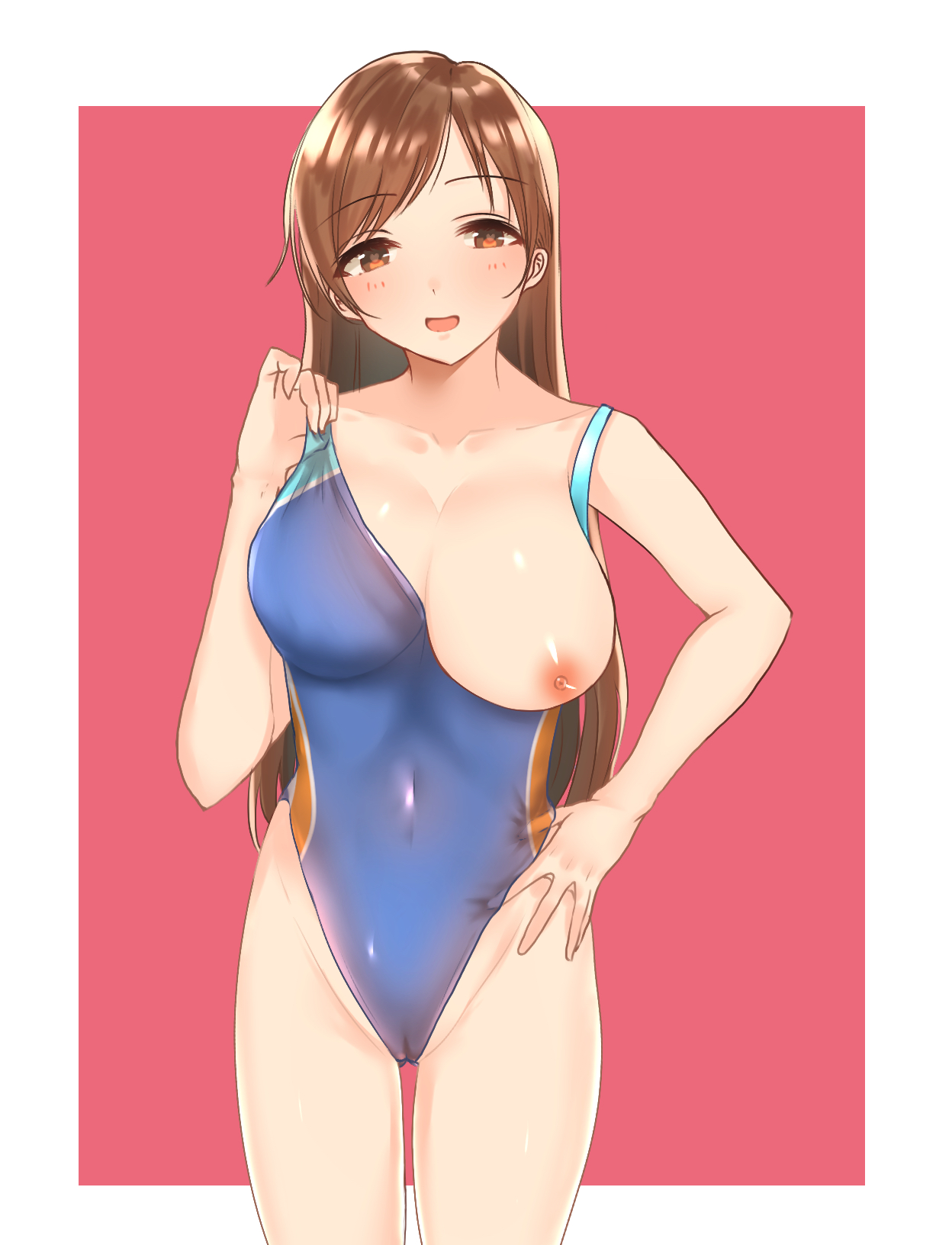 breasts, brown hair, competition swimsuit, female, idolmaster, idolmaster cinderella girls, long hair, nitta minami, one breast out, one-piece swimsuit, swimsuit, tagme