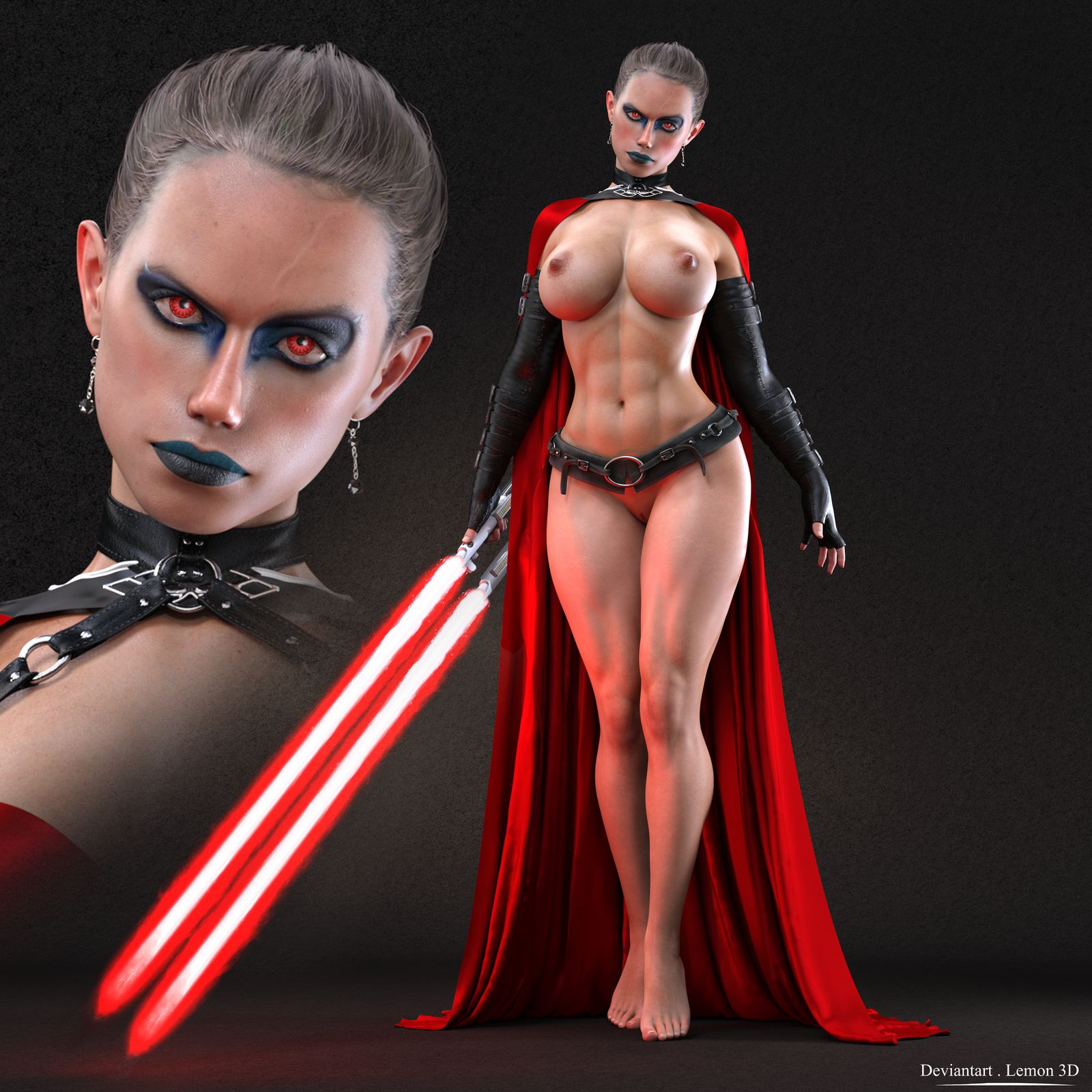 1girls, 3d, abs, areolae, arm sleeves, athletic, bare legs, bare shoulders, barefoot, belt, big breasts, breasts, breasts out, busty, cape, corruption, daisy ridley, dual-bladed lightsaber, earrings, enemy conversion, eyeliner, eyeshadow, female, female focus, female only, hourglass figure, lemon3d, lightsaber, lipstick, long hair, makeup, mascara, muscle tone, muscles, navel, nipples, nude, pose, posing, pussy, red eyes, red lightsaber, rey, shaved pussy, sith, sith rey, solo, standing, star wars, the rise of skywalker, tied hair, vagina, wide hips