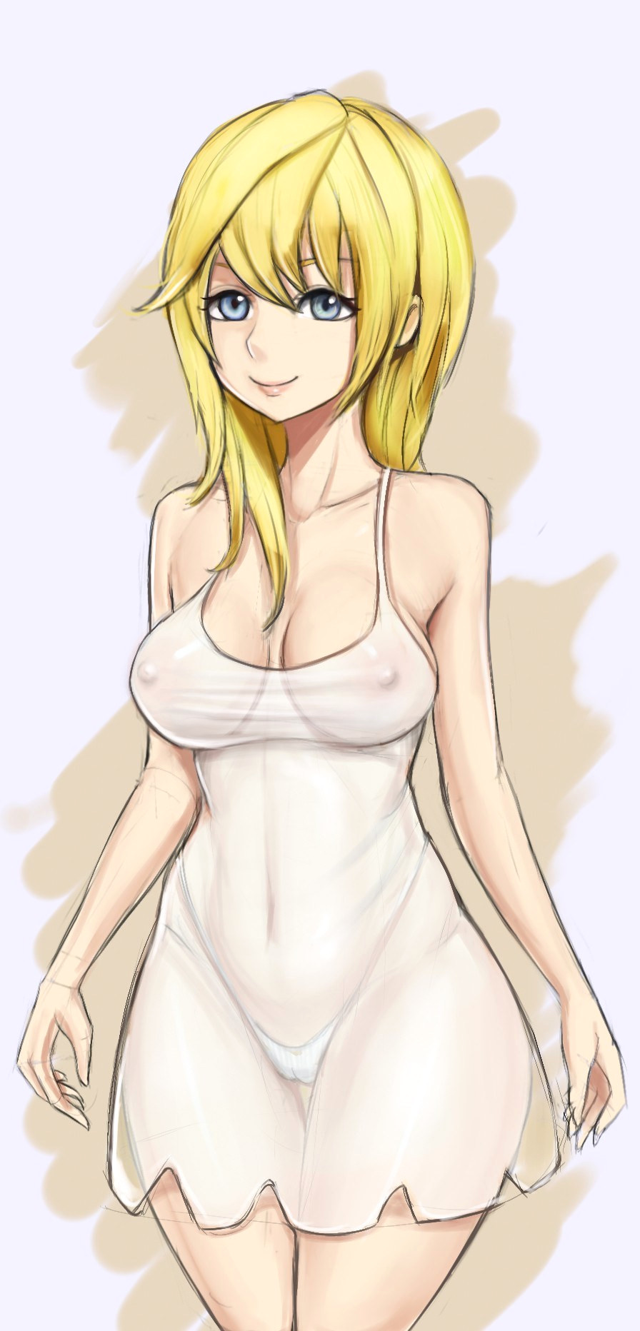 1girls, blonde hair, blonde-haired female, blue eyes, casual, disney, dress, female, human, kingdom hearts, namine, nipple bulge, nipples, see-through, sketch, smiling, square enix, tagme, thigh gap, thong