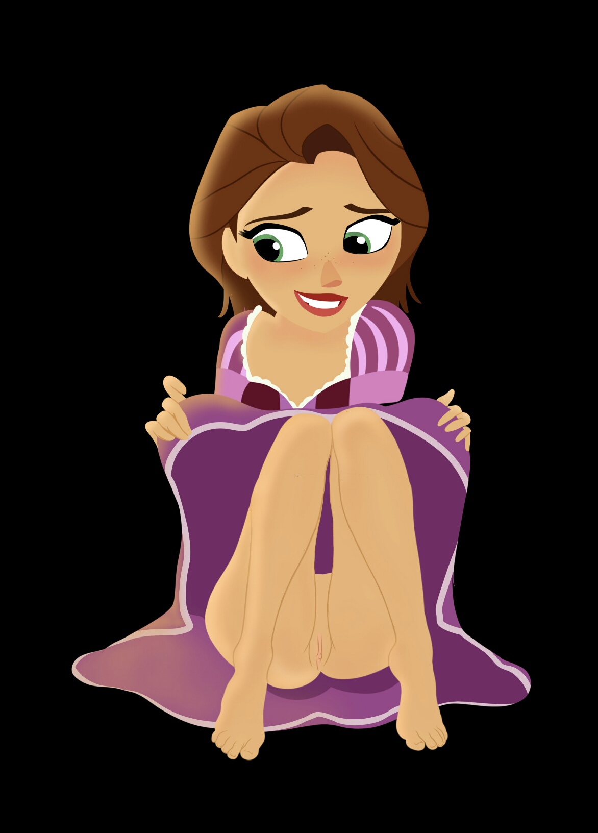 barefoot, big lion, brown hair, clothing, disney, disney channel, disney princess, dress, female, green eyes, no panties, princess, pussy, rapunzel, short hair, tangled, tangled: the series, vagina