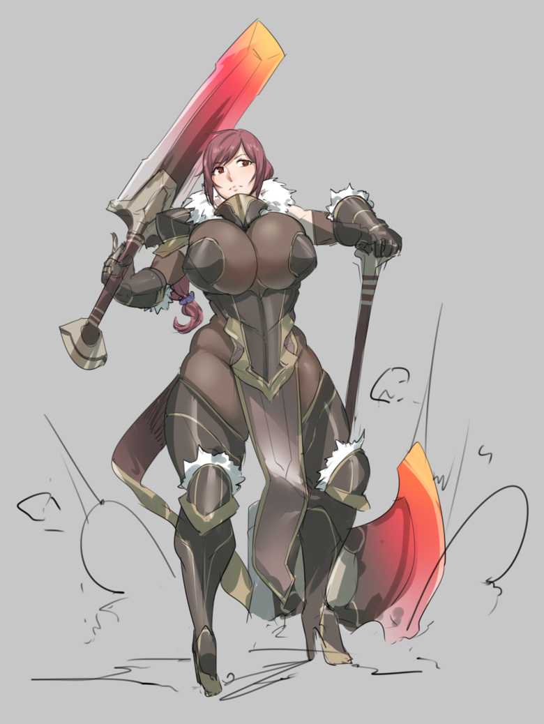 armor, axe, big breasts, breasts, character request, female, natedecock, sword