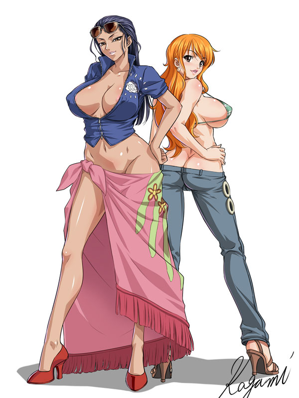 2girls areola_slip areolae ass ass_cleavage athletic bikini black_hair blue_hair bottomless_skirt breasts bubble_butt butt_crack cleavage curvy erect_nipples female female_focus female_only high_heels hourglass_figure huge_breasts improvised_clothing improvised_skirt jeans kagami_hirotaka large_ass long_hair long_legs looking_at_viewer looking_back low_cut_pants micro_bikini multiple_girls nami navel nico_robin nipple_bulge nipples no_panties one_piece open_toe_shoes orange_hair pareo post-timeskip sarong sideboob skirt standing striped_bikini sunglasses sunglasses_on_head tagme tan thigh_gap tight_jeans tight_pants wide_hips