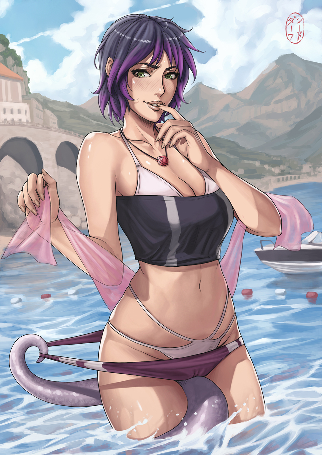 bare_midriff becca_bianchi busty consensual_tentacles dakushido female female_only finger_to_mouth gardnerverse hourglass_figure imminent_sex partially_submerged standing standing_in_water swimsuit swimsuit_pull tagme tentacle two_tone_hair violet_hair water wide_hips