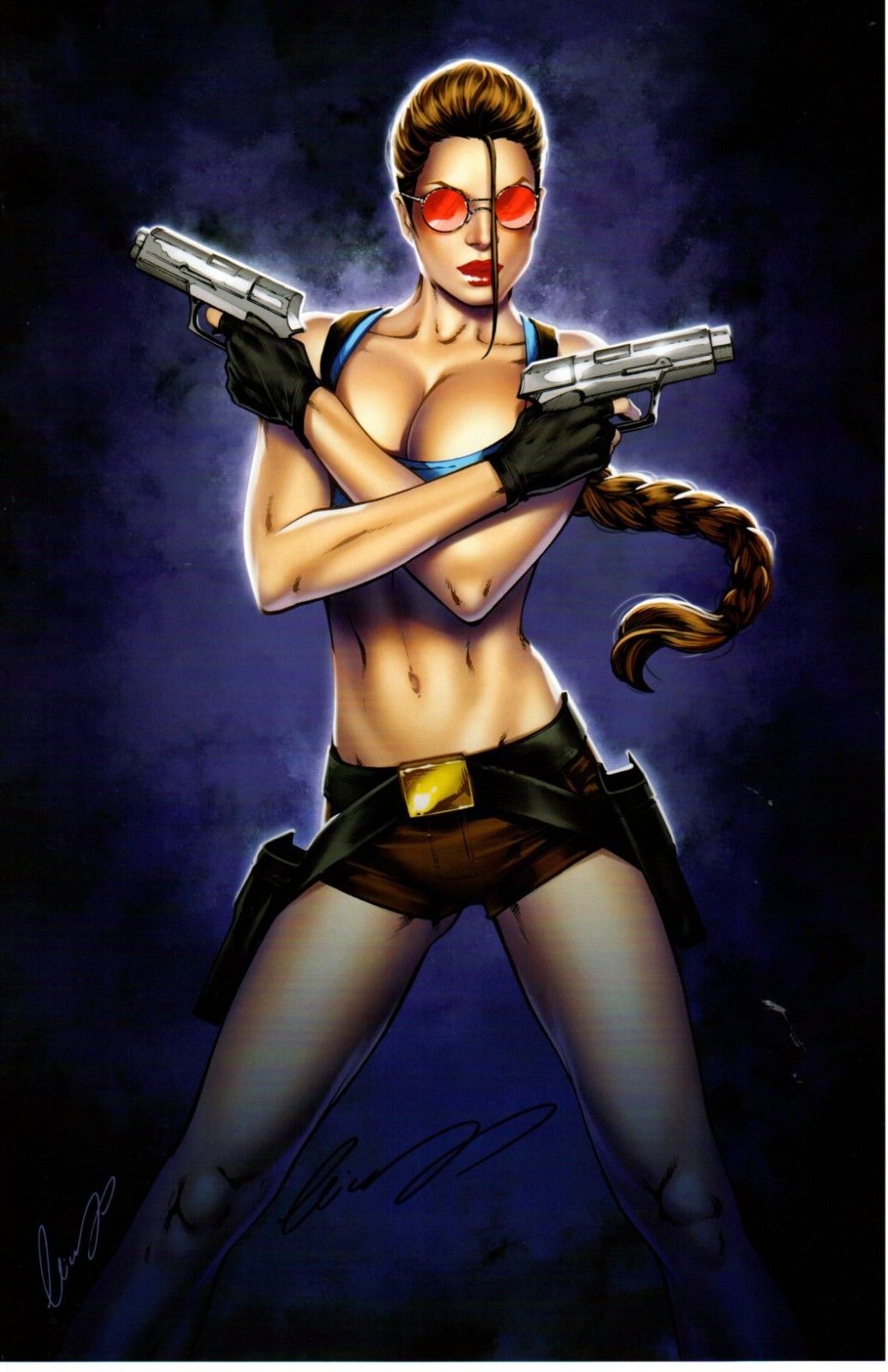 1girls arms_crossed belt big_breasts black_belt black_gloves blue_shirt braid braided_hair breasts brown_hair brown_shorts busty dual_wielding elias_chatzoudis female female_only fingerless_gloves gloves gun guns holding_weapon holster hot_pants lara_croft lara_croft_(classic) large_breasts lipstick long_hair pinup pistol pistols red-tinted_eyewear red_lips red_lipstick shirt short_shirt short_shorts shorts solo standing sunglasses thighs tinted_eyewear tomb_raider weapons