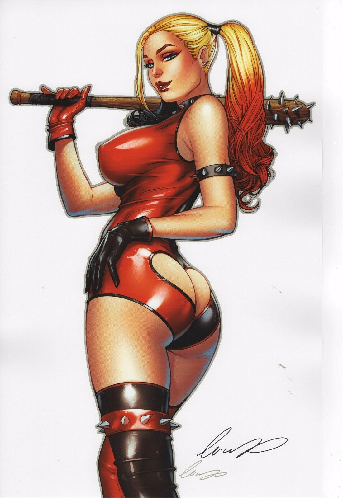 1girls ass ass_cleavage ass_cutout autograph baseball_bat batman_(series) big_breasts black_gloves black_highlights blonde_hair blue_eyes bodysuit busty butt_crack dat_ass dc dc_comics elias_chatzoudis erect_nipples erect_nipples_under_clothes eye_contact eyeshadow female female_only from_behind from_below half-closed_eyes harley_quinn highlights holding_weapon large_breasts lipstick looking_at_viewer looking_back looking_back_at_viewer looking_down looking_down_at_viewer makeup mascara nipple_bulge nipples pinup red_bodysuit red_highlights red_lips red_lipstick round_ass scan signature solo spiked_bat suicide_squad thick_thighs thighhighs thighs twintails weapon