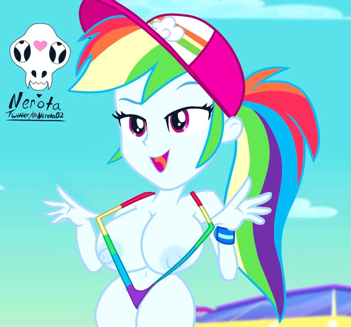 accurate art style, areola, areolae, big breasts, blue nipples, blue skin, breasts, colored hair, correct artstyle, edit, equestria girls, erect nipples, female, friendship is magic, hasbro, hat, huge nipples, large breasts, micro bikini, my little pony, nerota, nipples, rainbow dash (eg), rainbow dash (mlp), rainbow hair, screenshot, screenshot edit, smooth skin, straight hair, string bikini