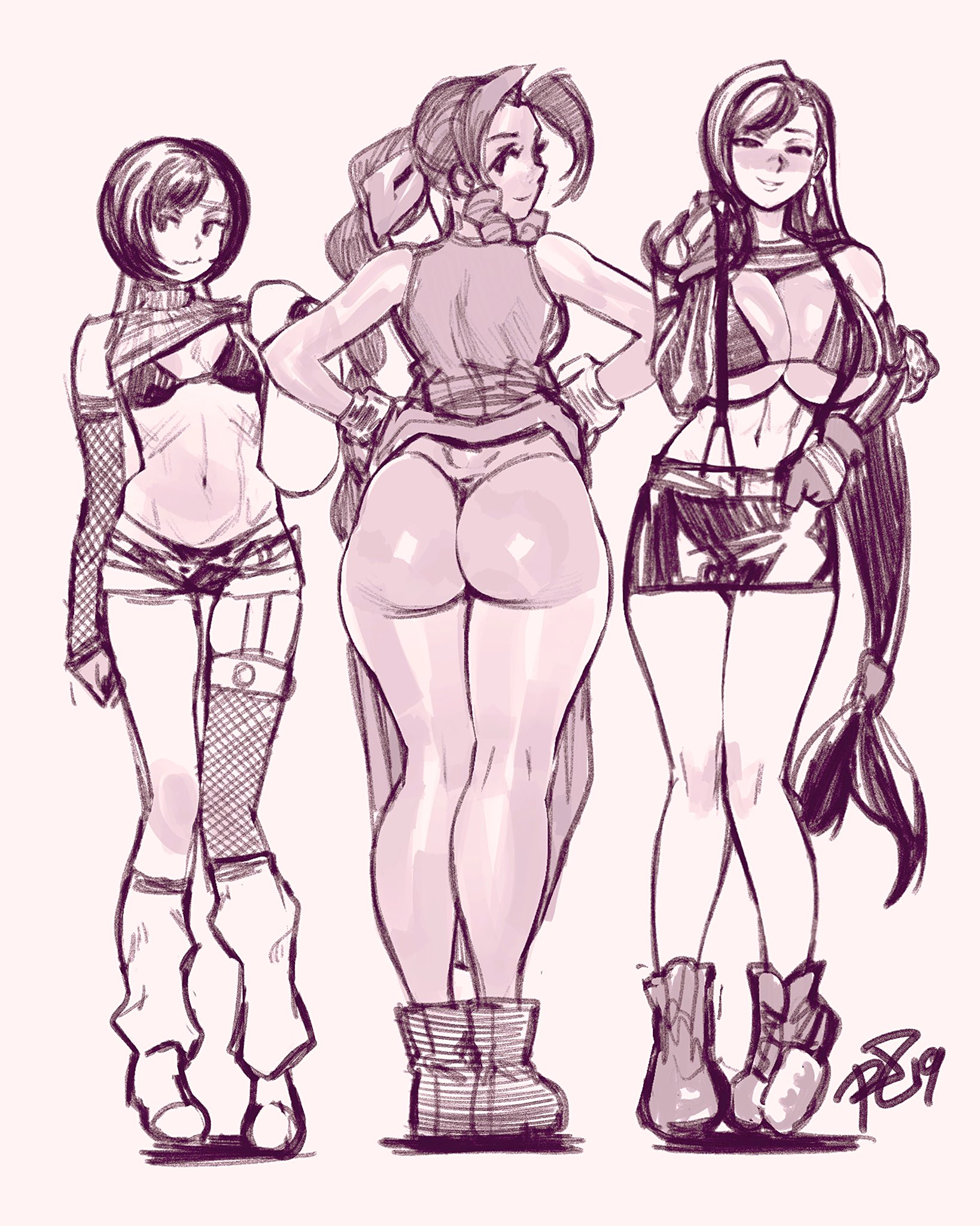 3girls, aerith gainsborough, ass, big ass, big breasts, bikini top, breasts, bubble ass, bubble butt, female, female only, final fantasy, final fantasy vii, huge ass, huge breasts, large ass, large breasts, monochrome, multiple females, multiple girls, negarobo, rough sketch, shirt lift, skirt lift, small breasts, square enix, thick thighs, thong, tifa lockhart, upskirt, wide hips, yuffie kisaragi