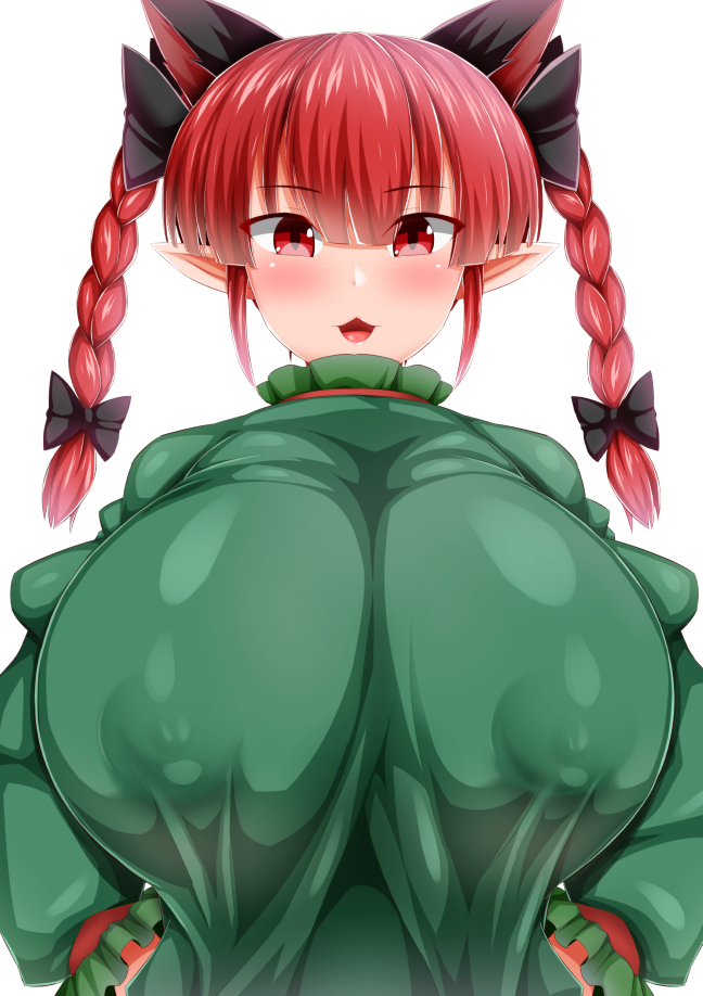 1girls, areola, areolae, big breasts, bimbo, blush, breasts, cleavage, erect nipples, female, female only, huge areola, huge areolae, huge nipples, large breasts, looking at viewer, monaka (gatinemiku), nipples, open mouth, rin kaenbyou, solo, touhou