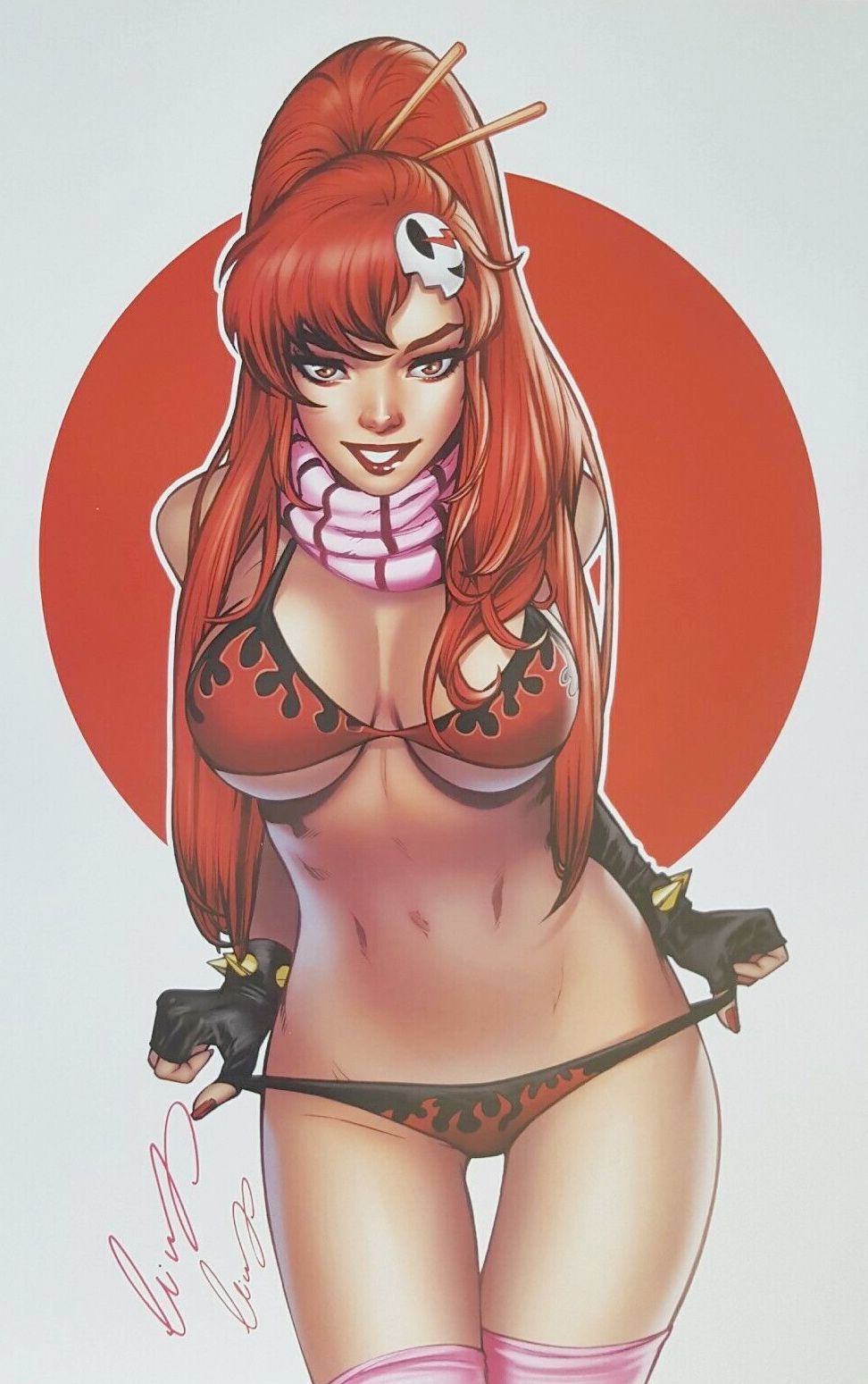 1girls, big breasts, bikini, bikini bottom, black bra, black gloves, bra, breasts, brown eyes, busty, cleavage, elias chatzoudis, female, female only, fingerless gloves, gloves, hair ornament, hairpin, large breasts, lipstick, long hair, nail polish, no pants, no shorts, panties, pink scarf, pink thighhighs, pinup, ponytail, red hair, red lips, red lipstick, red nail polish, red nails, scan, scarf, signature, smile, smiling, solo, tengen toppa gurren lagann, thighhighs, thighs, thong, yoko littner