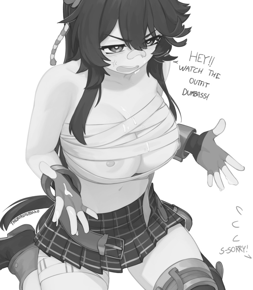 anger vein, angry, angry expression, angry face, animal ears, bandaid, bandaid on face, bandaid on nose, belly button, boots, clothing, cum, cum on breasts, cum on clothes, cum on hand, female, fingerless gloves, grayscale, greyscale, horse ears, horse girl, horse tail, large breasts, long hair, monochrome, narita brian (umamusume), navel, nipple slip, nipples, no bra, sitting, tail, umamusume, umamusume pretty derby, yoako