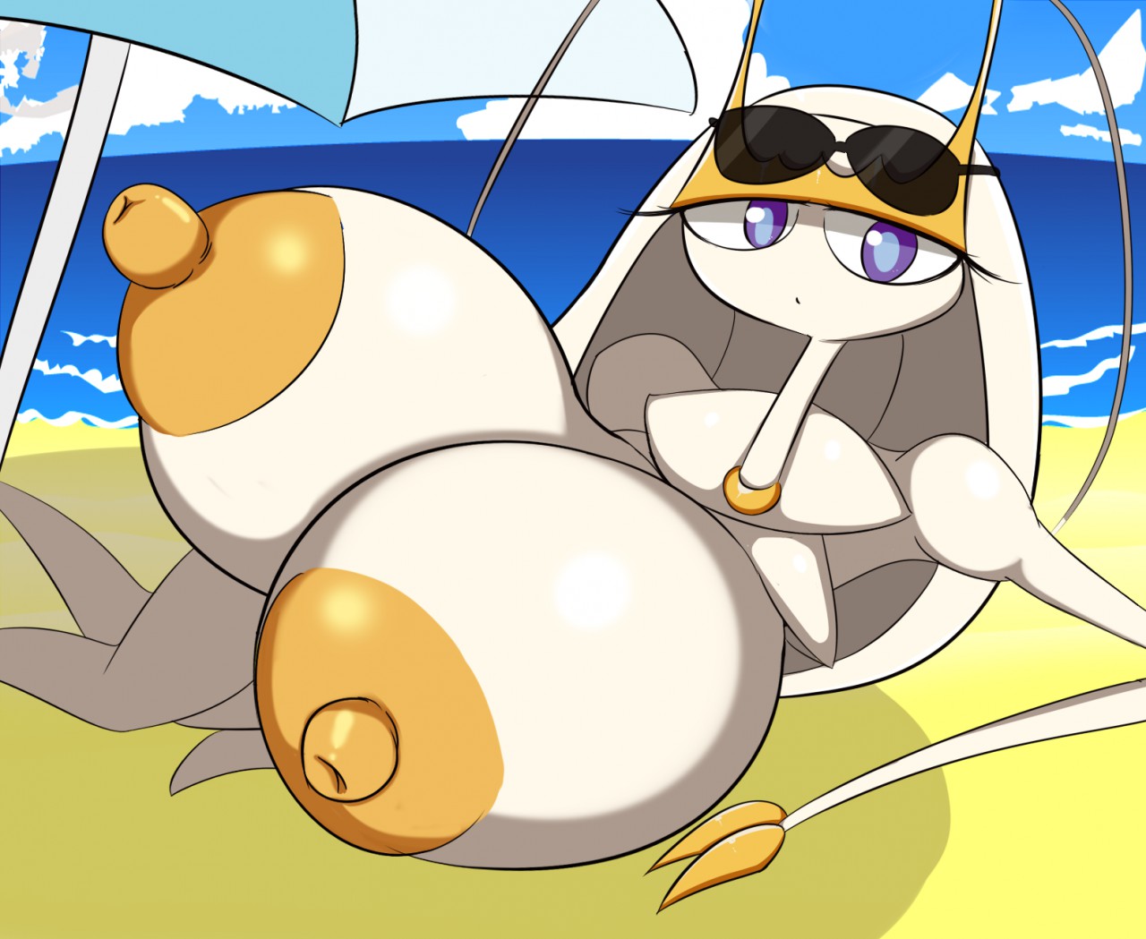 1girls, areolae, beach, big breasts, breasts, female, nintendo, nipples, no humans, pheromosa, pokemon, pokemon (species), solo, sugaru