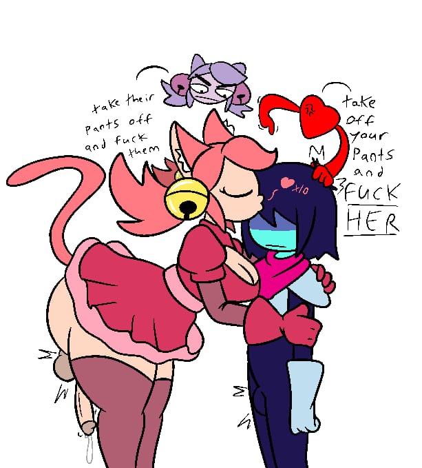 angry vein, ass out, big ass, big breasts, blue body, bubble butt, bulge, bulge through clothing, cat, cat ears, cat futa, cleavage, cute, deltarune, eyes closed, fat ass, fat cock, futa, futa on nonbinary, futanari, heart, heart symbol, imminent sex, irritable ghost (deltarune), kiss, kisses, kissing, kris (deltarune), mad mew mew, medium penis, no visible eyes, non binary, nonbinary, penis, penis out, pink (deltarune), precum, precum on penis, precum string, round ass, soul (deltarune), thick penis, thick thighs, thighhighs, thighs, tremble spikes, wiiwario112