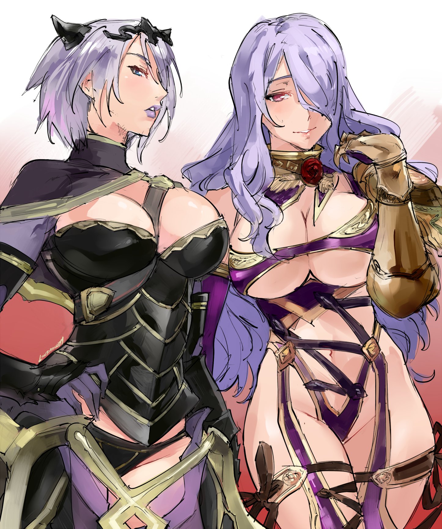 2girls, armor, bandai namco, big breasts, bikini armor, black armor, breasts, camilla (fire emblem), camilla (fire emblem) (cosplay), cape, cleavage, cosplay, costume switch, crossover, crossover cosplay, female, fire emblem, fire emblem fates, gauntlets, grey hair, hair over one eye, human, human female, intelligent systems, isabella valentine, isabella valentine (cosplay), kenshin187, light skin, light-skinned female, lips, lipstick, long hair, makeup, namco, nintendo, pauldrons, purple eyes, purple hair, purple lips, purple lipstick, revealing clothes, short hair, shoulder armor, simple background, single gauntlet, smile, soul calibur, soul calibur iv, source request, stomach, tagme, tiara, underboob, voice actor connection, wavy hair, white background