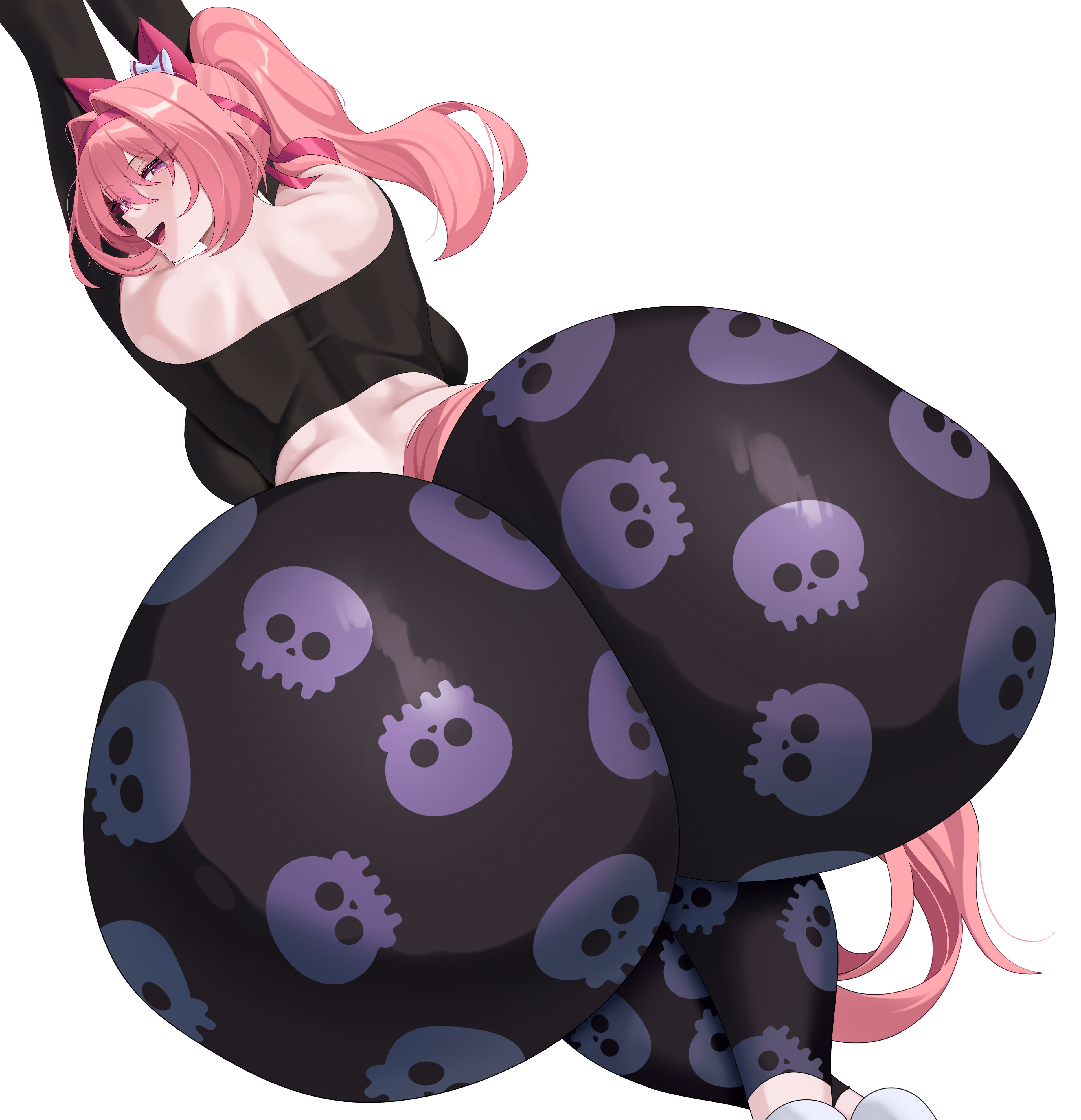 1girls, animal ears, ass, ass bigger than head, ass bigger than torso, big ass, bottom heavy, breasts, bubble butt, fat ass, female, female only, haru urara (umamusume), horse girl, huge ass, large ass, long sleeves, looking at viewer, looking back, luunamito, massive ass, pajama pants, pajamas, pants, pink hair, pink tail, shirt, shoulderless shirt, tail, thick ass, thunder thighs, umamusume, wide hips
