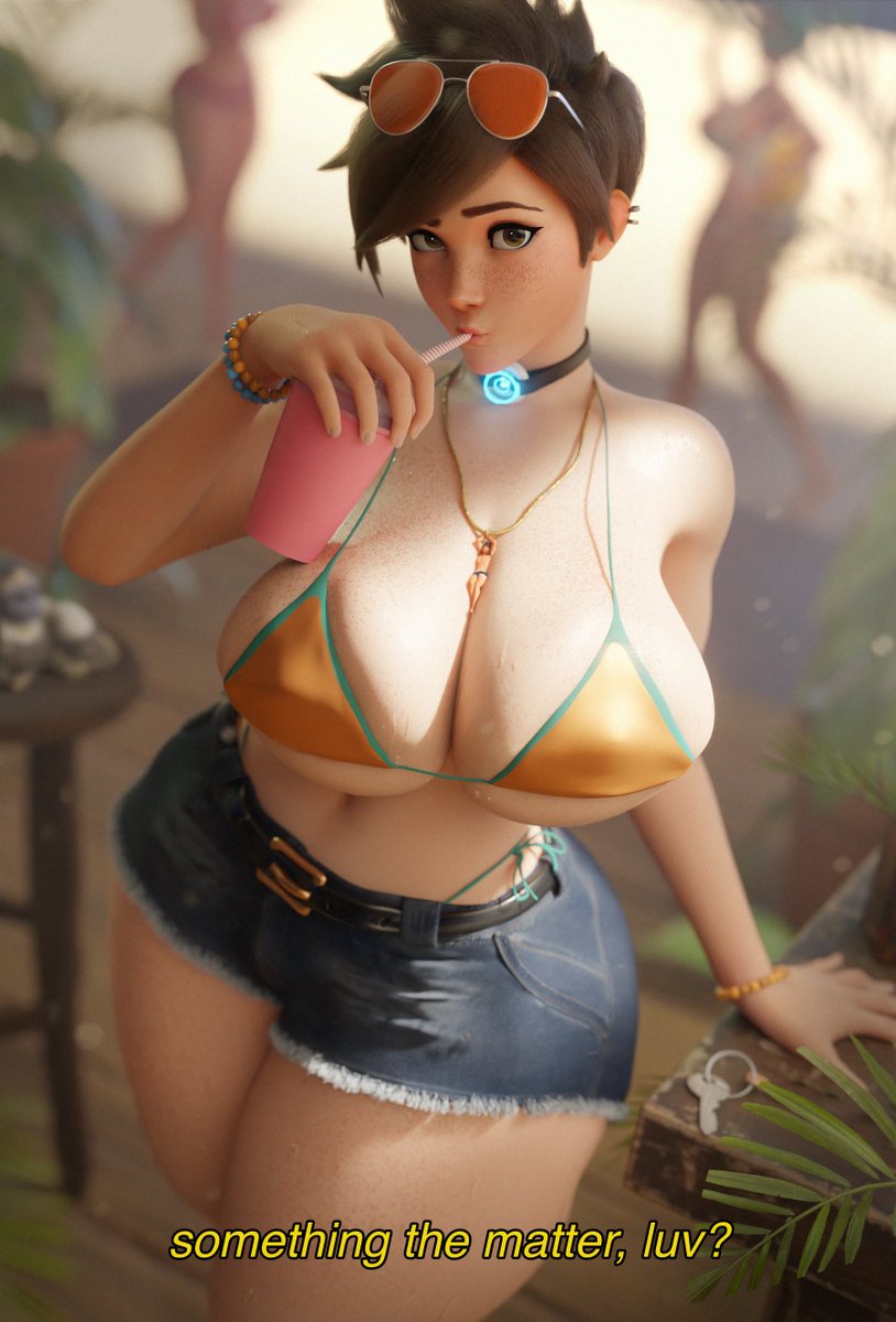 3d, 3d (artwork), 3girls, asking viewer, big boobs, big breasts, bikini, bikini top, blizzard entertainment, blurry background, boobs, bottopbot2, breasts, british, british female, brown hair, brown hair female, depth of field, european, european female, female, female focus, female only, freckles, freckles on face, large boobs, large breasts, lena oxton, light skin, light-skinned female, looking at viewer, overwatch, overwatch 2, scrag boy (model), scrag tracer, short hair, short hair female, shorts, solo, solo female, solo focus, talking to viewer, tracer