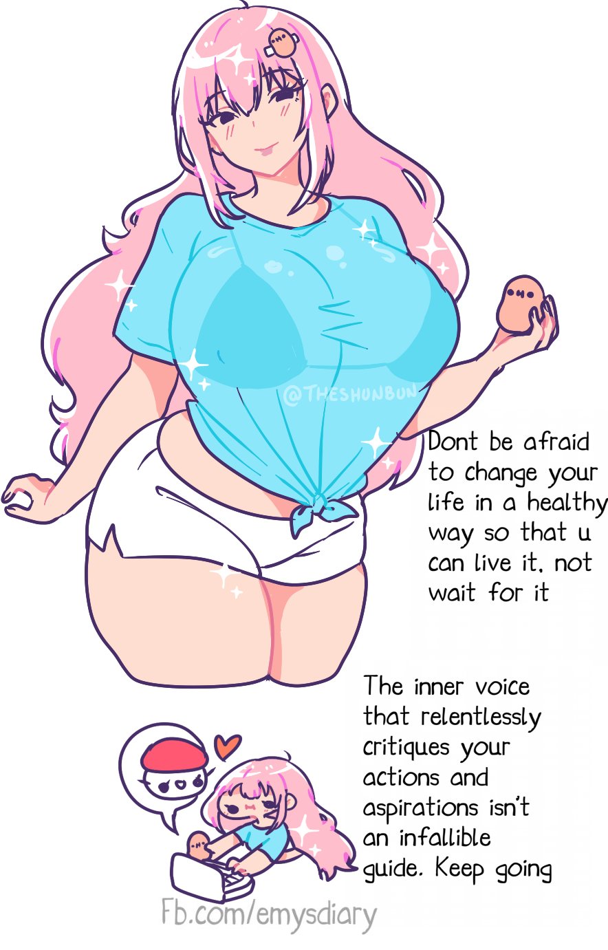 advice, beauty mark, big breasts, bikini top, bra, bra visible through clothes, breasts bigger than head, chibi, curvaceous, curvaceous female, curvaceous figure, curvy, curvy female, curvy figure, emotional support, encouragement, encouraging, encouraging viewer, exposed midriff, hairclip, hourglass figure, hourglass figured female, huge breasts, kawaii potato, knotted shirt, large breasts, light skin, light-skinned female, looking at viewer, motivational, pink hair, see-through clothing, see-through shirt, shorts, sparkles, strained clothing, straining clothing, stretched clothing, sweet potato (theshunbun), t-shirt, tagme, talking to viewer, theshunbun, thick legs, thick thighs, thin waist, tied shirt, tight clothing, translucent clothing, voluptuous, voluptuous body, voluptuous female, wholesome, wholesome as fuck, wholesome end