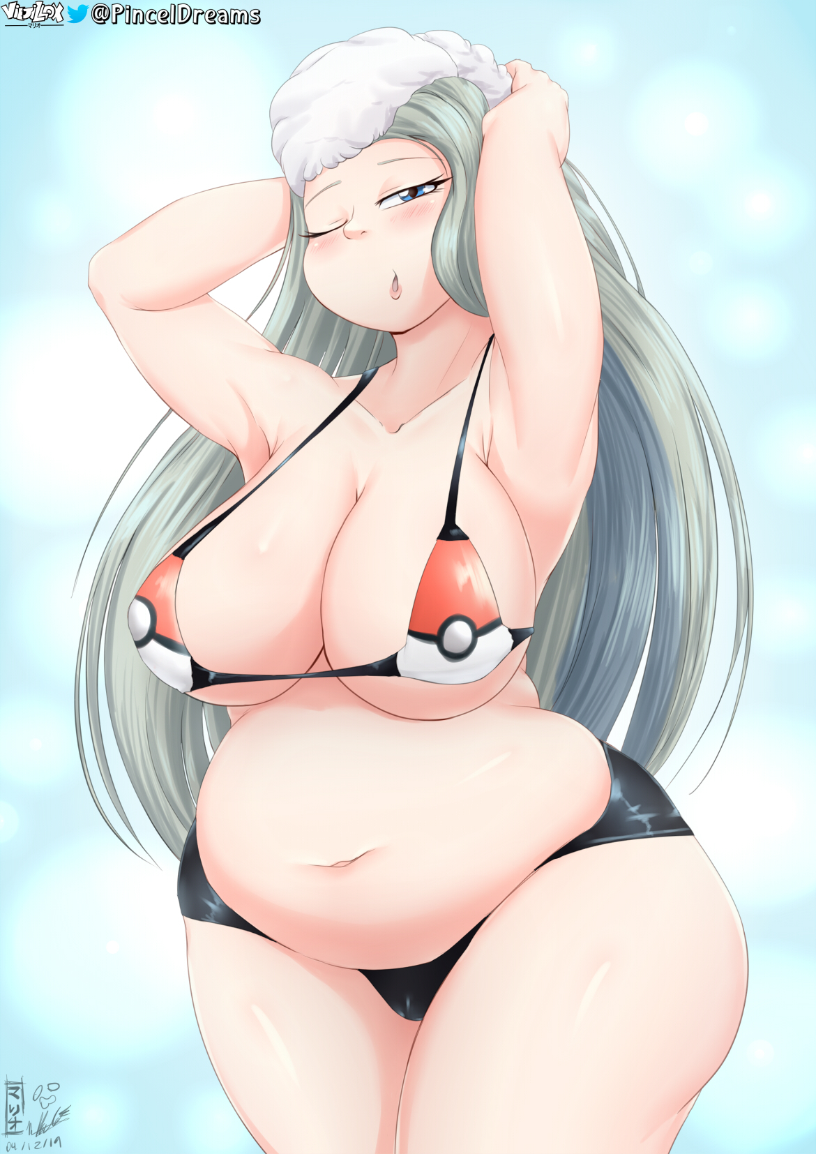 1girls, 2019, alternate breast size, alternate outfit, armpits, ass, belly, big ass, big belly, big breasts, bikini, black bikini, blonde hair, blue background, blush, breasts, cameltoe, chubby, clothed, clothes, dated, eye contact, eyelashes, female, female only, half-closed eyes, hat, huge ass, huge breasts, human, human only, large ass, large breasts, long hair, looking at viewer, melony (pokemon), nintendo, open mouth, overweight, overweight female, poke ball, pokemon, pokemon ss, pose, pussy, solo, standing, text, thick thighs, tongue, viejillox, voluptuous, watermark, wide hips