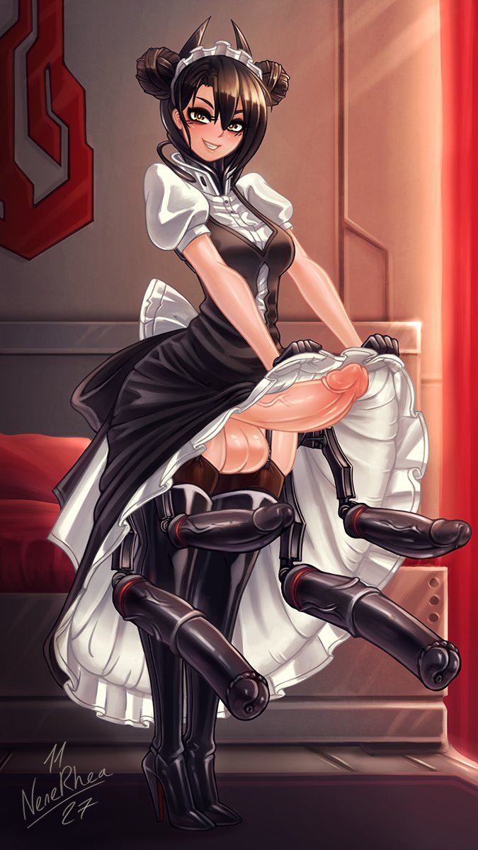 1futa, agent (girls' frontline), alternate version available, ass, balls, bed, big ass, big balls, big penis, black dress, black hair, clothed, clothing, dress, erection, futa only, futanari, girls' frontline, hair ornament, high heels, huge cock, indoors, intersex, legwear, looking at viewer, nenerhea, penis, penis under clothes, penis under dress, sangvis ferri, short hair, skirt lift, solo, solo focus, standing, thick penis, thick thighs