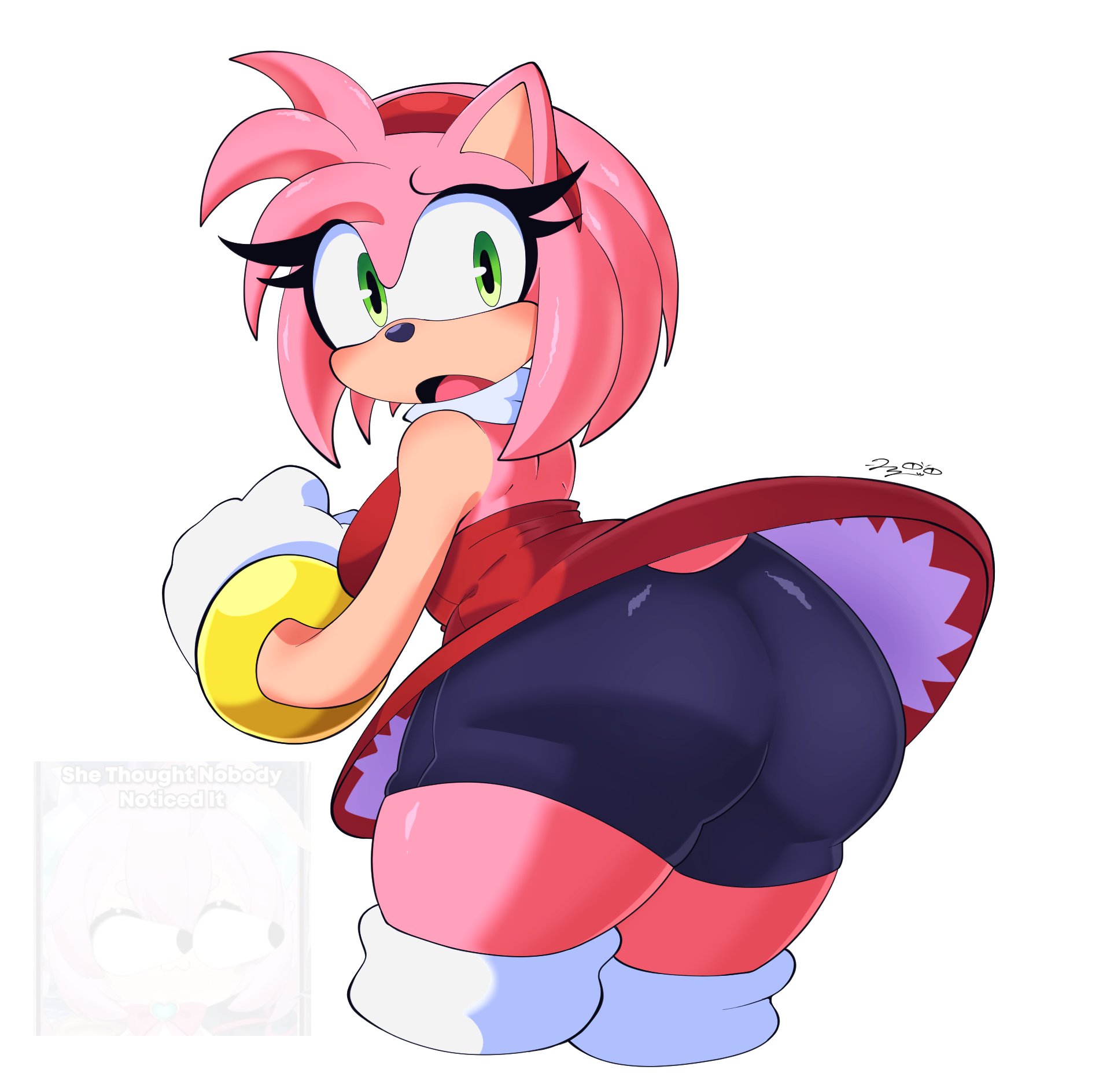 1girls, amy rose, anthro, bracelet, breasts, colossal breasts, croissantloner, eulipotyphlan, eyelashes, female, female focus, female only, furry, gloves, green eyes, hairband, hedgehog, hedgehog humanoid, hips, large ass, large breasts, lonercroissant, looking back, mobian (species), pink fur, pink hair, sega, shorts, sonic (series), sonic the hedgehog (series), thick thighs, thighs, wide hips