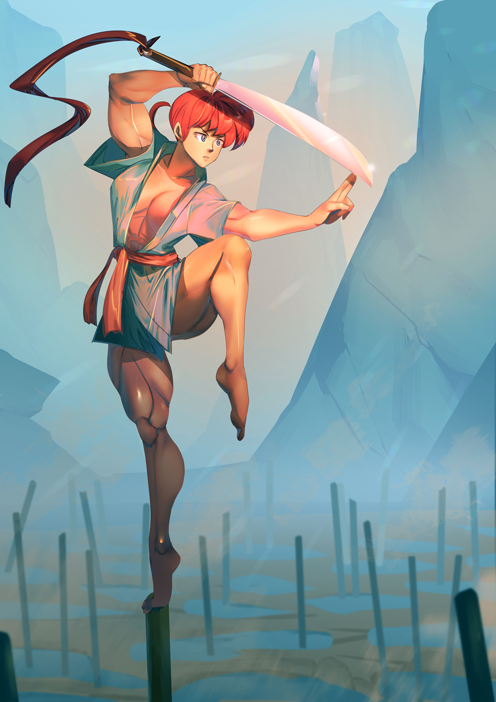 1girls bakki bottomless canon_genderswap cleavage clothing dougi female fit_female genderswap_(mtf) jusenkyo kata muscular_female ranma-chan ranma_1/2 ranma_saotome rule_63 sword toned_female training