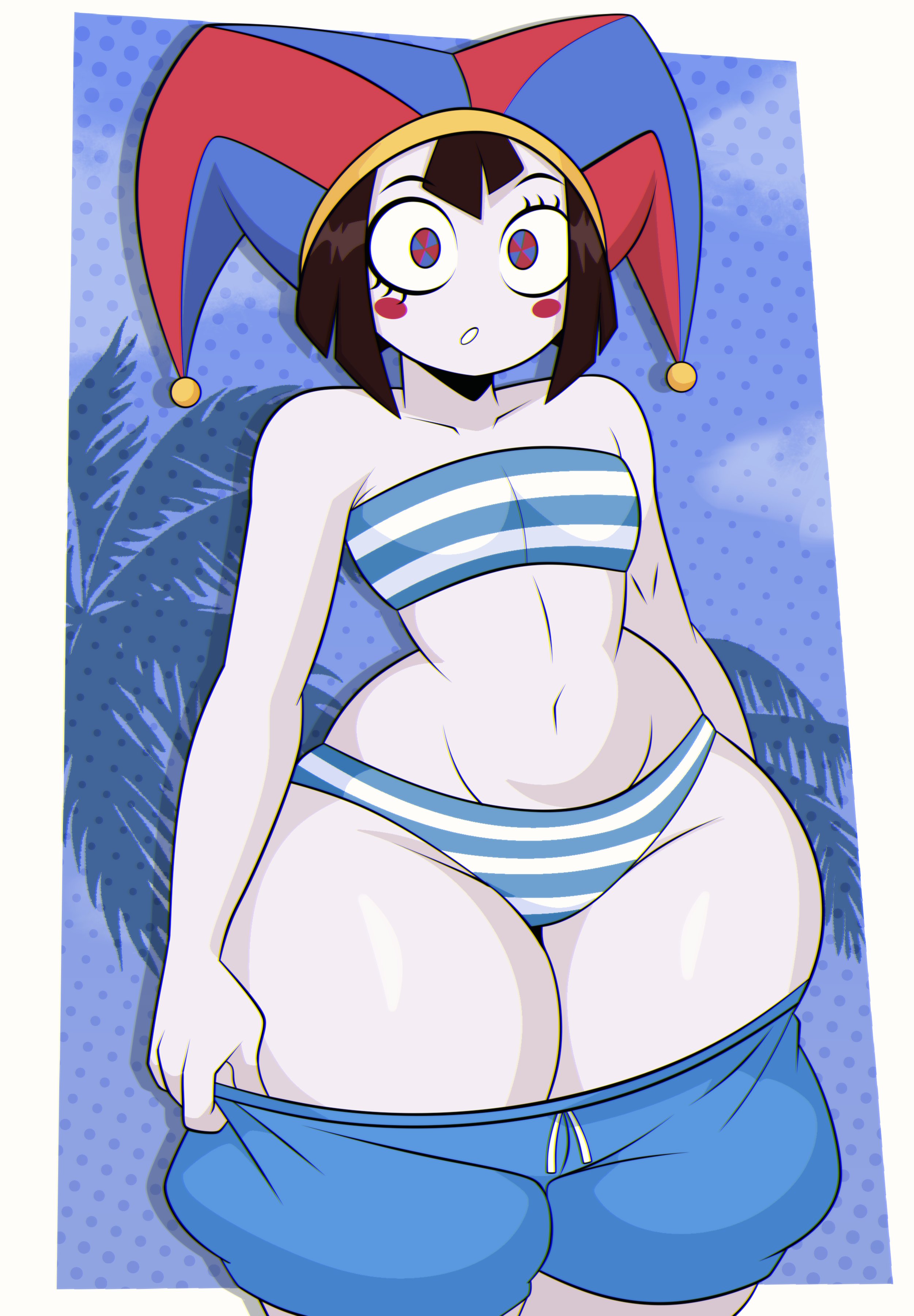 1girls, 2d, 2d (artwork), artist request, bikini, brown hair, female, female only, flat chest, glitch productions, gooseworx, half-dressed, jester, jester hat, looking at viewer, pants, pants down, pomni, pomni (the amazing digital circus), removing clothing, rosy cheeks, slim waist, solo, solo female, striped bikini, taking clothes off, the amazing digital circus, thick thighs, thighs, undressing, white body, white skin, wide hips