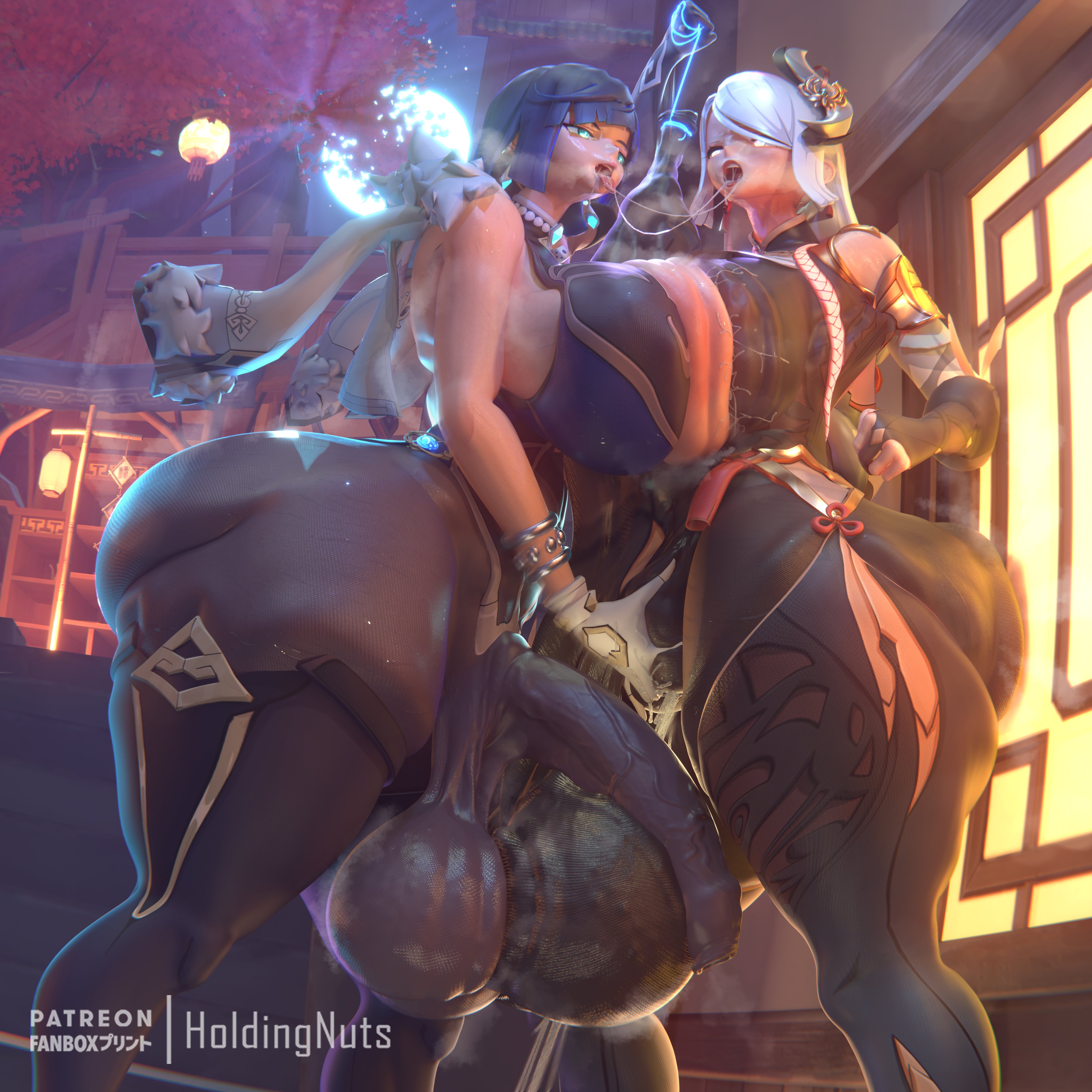 1futa, 1girls, 3d, ass, balls, ballsack, big ass, big breasts, big butt, big penis, big thighs, blue hair, breast squish, breasts, clothed, clothed female, clothed futa, fingering, fingering partner, fingering pussy, fingering through clothes, futa on female, futanari, genshin impact, holdingnuts, light skin, light-skinned futa, mihoyo, penis, saliva, saliva string, shenhe (genshin impact), tagme, thick thighs, thighs, twitter link, unrealistic penis size, unrealistic proportions, white hair, yelan (genshin impact)