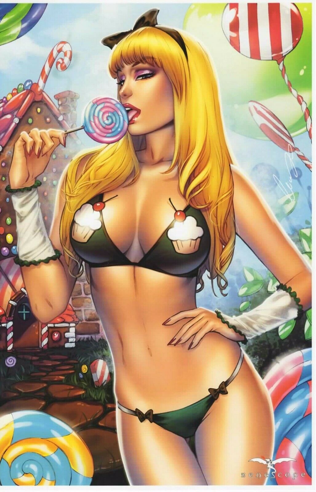 1girls bangs big_breasts big_breasts black_bow blonde_hair blue_eyes bow bra breasts building busty candy candy_cane cleavage comic_cover elias_chatzoudis eyeshadow female female_only green_bra green_panties green_thong gretel gretel_(zenescope) grimm_fairy_tales_(comic) hairband hairbow hansel_and_gretel house large_breasts licking licking_lollipop lollipop long_hair makeup mascara official_art panties path pinup red_lips red_lipstick red_nail_polish red_nails sleeves solo standing text thighs thong tongue tongue_out zenescope zenescope_entertainment