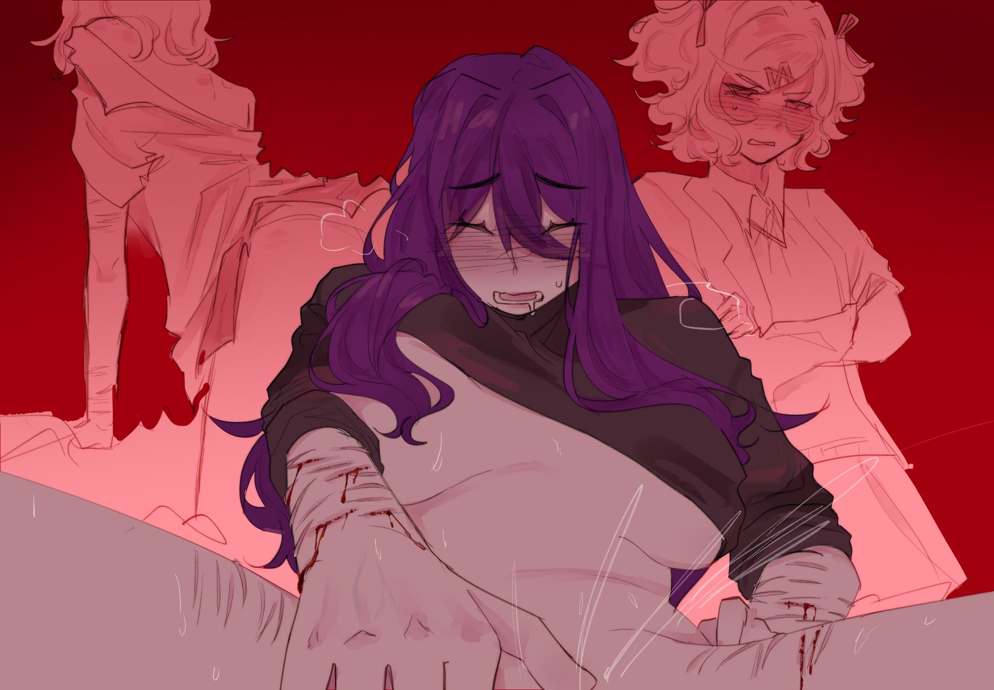 2girls, bleeding, blood, blood drip, blush, blushing, bottomless, bottomless female, breath cloud, color, colored, convenient censoring, doki doki literature club, drooling, eyes closed, fantasizing, female, female only, female orgasm, fingering, fingering pussy, fingering self, huge breasts, implied yuri, light skin, light-skinned female, long hair, long sleeves, masturbating, masturbating to person, masturbation, mouth open, natsuki (doki doki literature club), one breast out, partially clothed, partially clothed female, pockiseisont, purple hair, red background, scars, scars all over, self harm scars, simple background, sleeves rolled up, solid color background, solo focus, squirt, squirting, sweat, sweatdrop, thick thighs, thinking about another, underboob, yuri (doki doki literature club)