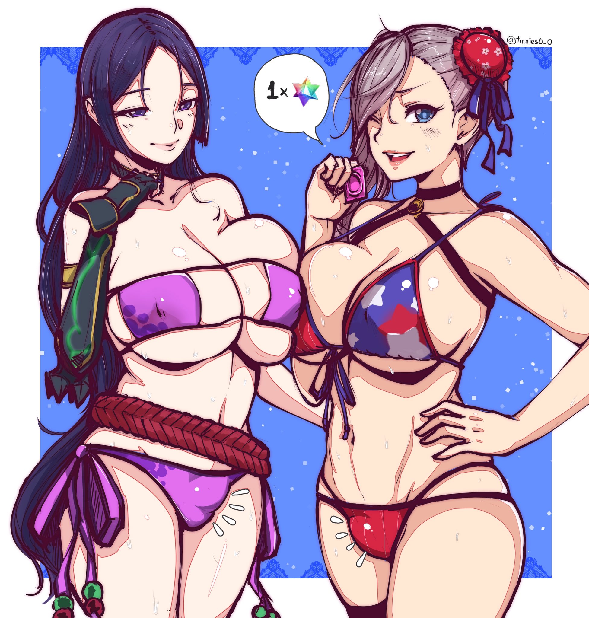 2futas, american flag, american flag bikini, bikini, breasts, bulge, cleavage, eyepatch bikini, fate (series), fate/grand order, futa only, futanari, huge breasts, intersex, mature, mature female, mature woman, milf, minamoto no raikou (fate), minamoto no raikou (fate/grand order), minamoto no raikou (swimsuit lancer), miyamoto musashi (fate), miyamoto musashi (swimsuit berserker), penis, small penis, tinnies