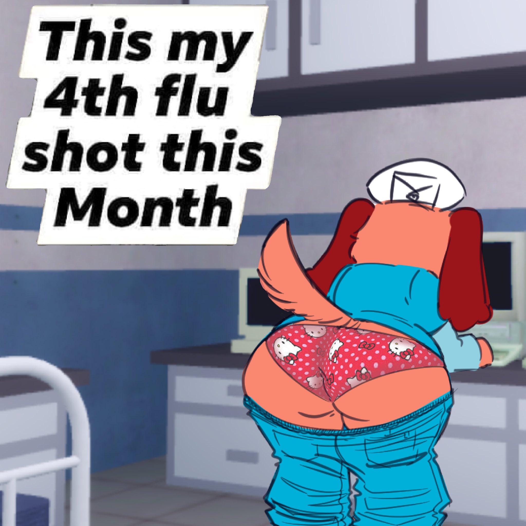1girls, agergicspiders, animal, animal hospital, ass, butt, butt crack, butt focus, curvy, dog, dog ears, dog girl, fat ass, female, girl, hello kitty, hospital, jeans, jeans down, leaning, leaning forward, medium res, meme, meme reference, nurse (animal hospital), oblivious, orange skin, panties, pants, pants down, plump, plump ass, public, solo, tail, underwear, wardrobe malfunction