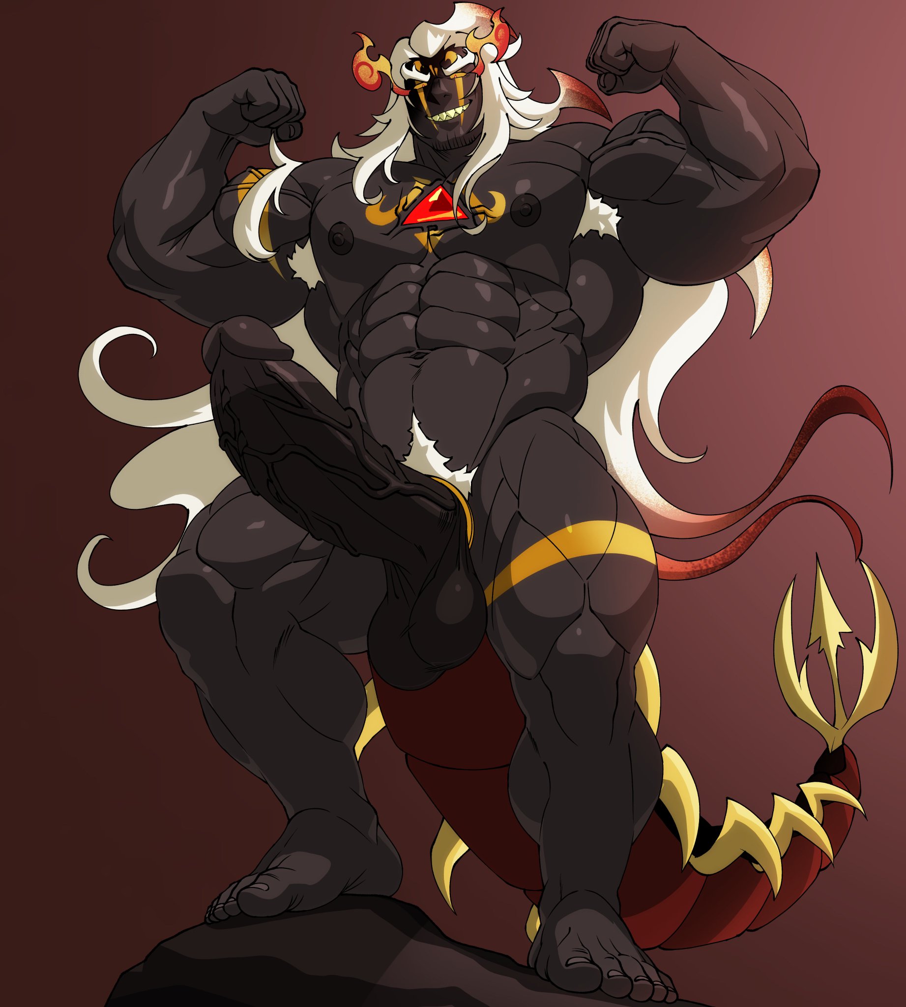 abs, armpit hair, bara, burning spice cookie, centipede tail, character request, cock ring, cookie run, cookie run kingdom, flexing, flexing bicep, galit cherr18, gay, gradient background, grin, huge cock, huge penis, male only, muscular, muscular male, pecs, pubic hair, simple background, tagme, tail, veiny penis, white hair, yaoi