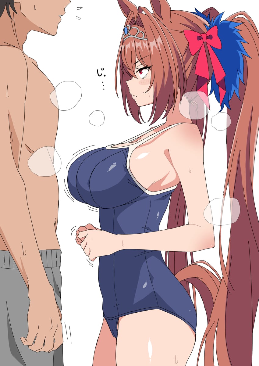 1boy, 1girls, animal ears, big breasts, bow, breasts, brown hair, busty, crown, curvaceous, curvy, daiwa scarlet (umamusume), dark skin, dark-skinned male, hair between eyes, hair ribbon, hairbow, horse ears, horse girl, horse tail, huge breasts, large breasts, light skin, light-skinned female, massive breasts, ribbon, seductive, sex, sexy body, sexy female, side view, steam, tan skin, tan-skinned male, tiara, trainer, trainer (umamusume), umamusume, umamusume pretty derby, underwear, very long hair, voluptuous, waifu