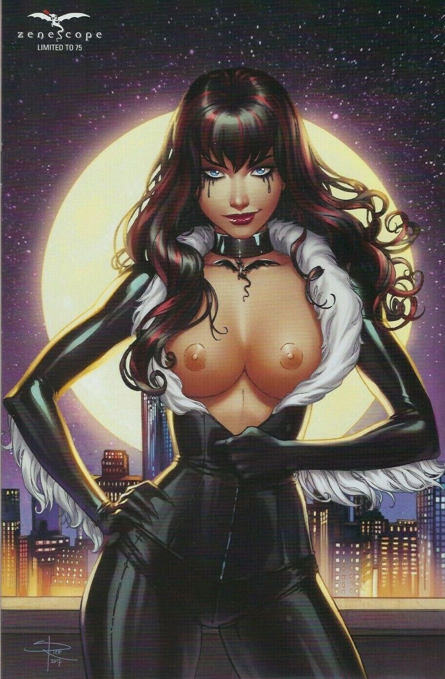 1girls 2017 bangs big_breasts black_bodysuit black_cat_(cosplay) black_cat_(marvel) black_hair blue_eyes bodysuit breasts busty city cityscape claws collar comic_cover dated exposed_nipples eye_contact eyeshadow felicia_hardy female female_only fur_trim grimm_fairy_tales_(comic) highlights keres_(zenescope) large_breasts lipstick looking_at_viewer marvel marvel_comics mascara multicolored_hair nipples official_art pink_nipples pinup red_highlights red_lips red_lipstick sabine_rich scan signature smile solo spider-man_(series) standing streaked_hair striped_hair text unzipping zenescope zenescope_entertainment zipper zipper_pull_tab