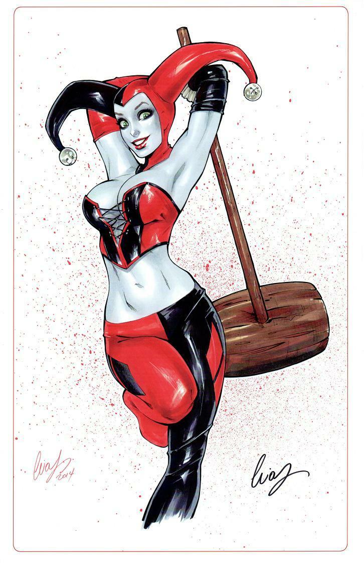 1girls batman_(series) big_breasts breasts bustier busty cleavage corset dc dc_comics elias_chatzoudis female female_focus female_only green_eyes grey_skin hammer harleen_quinzel harlequin harley_quinn headwear holding_hammer holding_mallet jester_cap jump jumping large_breasts lipstick mallet midair pants pinup red_lips red_lipstick smile smiling solo solo_female solo_focus tight_clothes