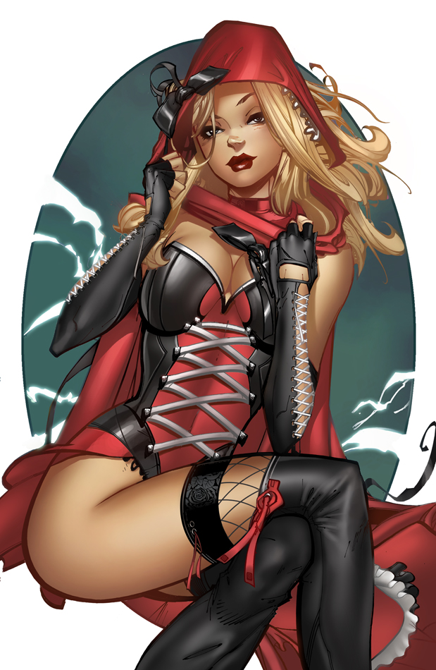 1girls big_breasts big_breasts black_bow black_gloves black_sleeves black_thighhighs blonde_hair blue_eyes bow breasts britney_waters busty cape cleavage comic_cover eye_contact female female_only fingerless_gloves gloves grimm_fairy_tales_(comic) hairbow hood large_breasts leotard lipstick little_red_riding_hood looking_at_viewer official_art paul_green pinup red_cape red_lips red_lipstick sitting sleeves smile smiling solo thighhighs thighs zenescope zenescope_entertainment