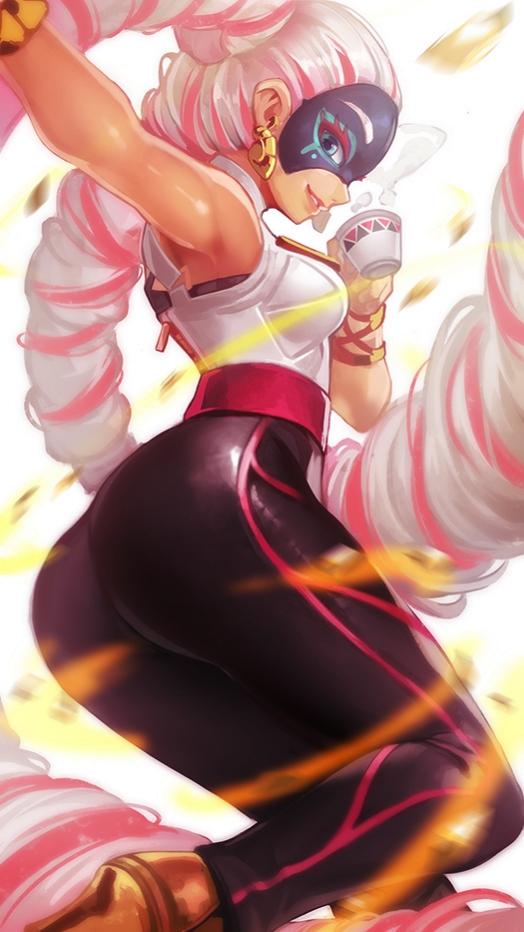 1girls, arms (game), ass, black pants, dark skin, female, female only, goomrrat, looking at viewer, looking back, looking down, nintendo, pants, skin tight, solo, solo female, tea cup, tight pants, twintails, twintelle