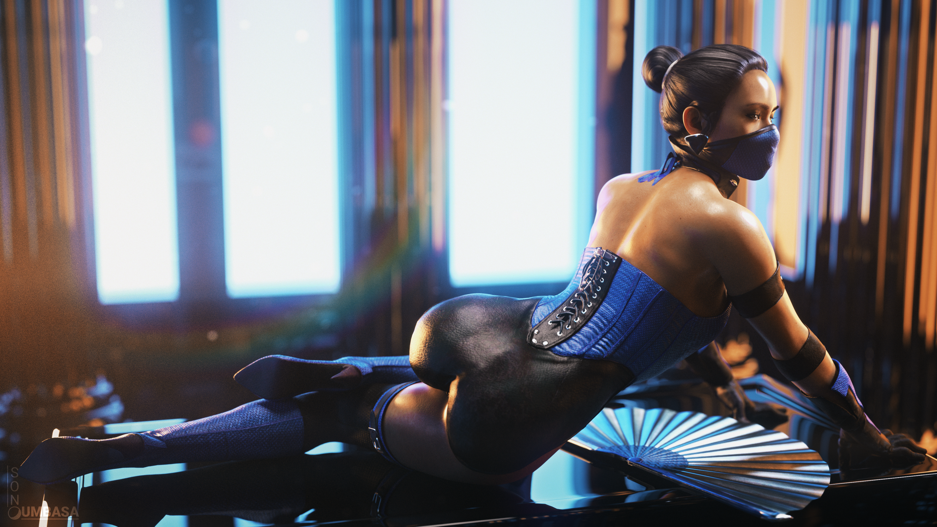 1girls, 3d, ass, bare shoulders, bubble ass, bubble butt, earring, edenian, fan, female, female focus, female only, fully clothed, gloves, hairbun, high heel boots, high heels, kitana, klassic kitana, looking at viewer, masked, masked female, midway, mortal kombat, mortal kombat 11, mortal kombat 3, pose, posing, princess, royalty, seductive, side view, solo, solo focus, son umbasa, topknot