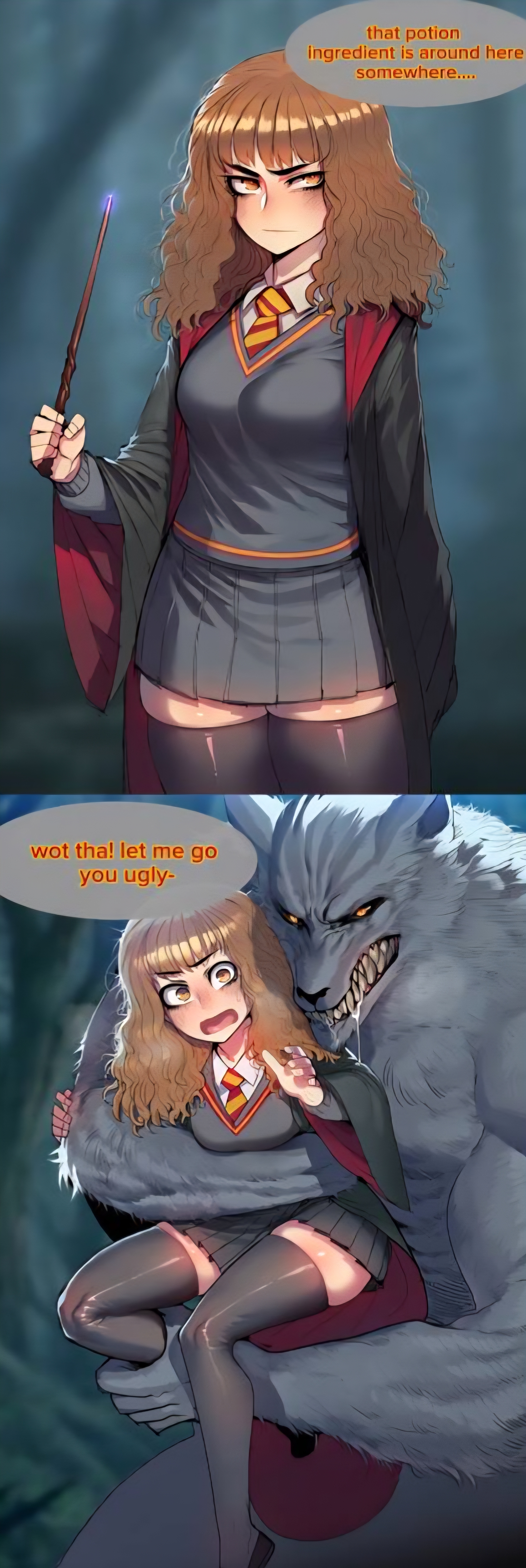 ai generated, anthro, anthro dominating human, canine, canine on human, domination, drooling, femsub, grabbing, grabbing from behind, gryffindor, harry potter, hermione granger, human, human female, imminent rape, imminent sex, interspecies, leg grab, male anthro/female human, petite, ponyguy101, school uniform, schoolgirl, size difference, skirt, tagme, thighhighs, wand, warner brothers, werewolf, wolf