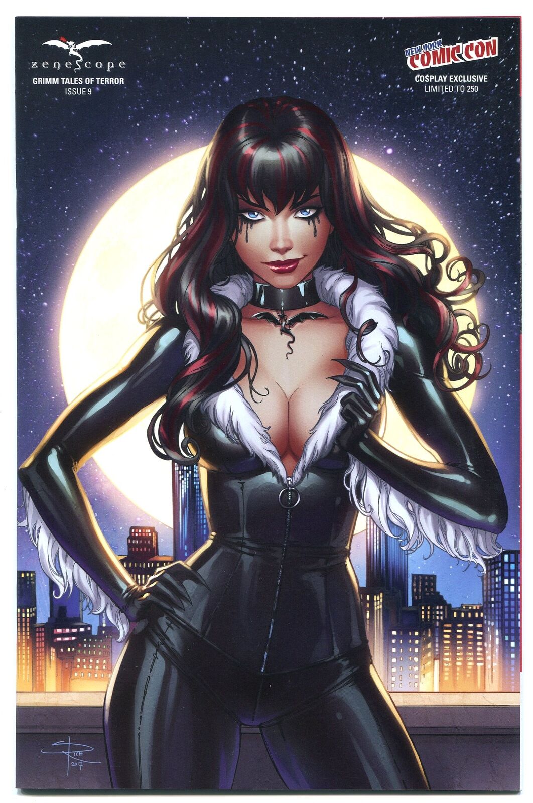 1girls 2017 bangs big_breasts black_bodysuit black_cat_(cosplay) black_cat_(marvel) black_hair blue_eyes bodysuit breasts busty city cityscape claws collar comic_cover dated eye_contact eyeshadow felicia_hardy female female_only fur_trim grimm_fairy_tales_(comic) highlights keres_(zenescope) large_breasts lipstick looking_at_viewer marvel marvel_comics mascara multicolored_hair official_art pinup red_highlights red_lips red_lipstick sabine_rich signature smile solo spider-man_(series) standing streaked_hair striped_hair text zenescope zenescope_entertainment zipper zipper_pull_tab