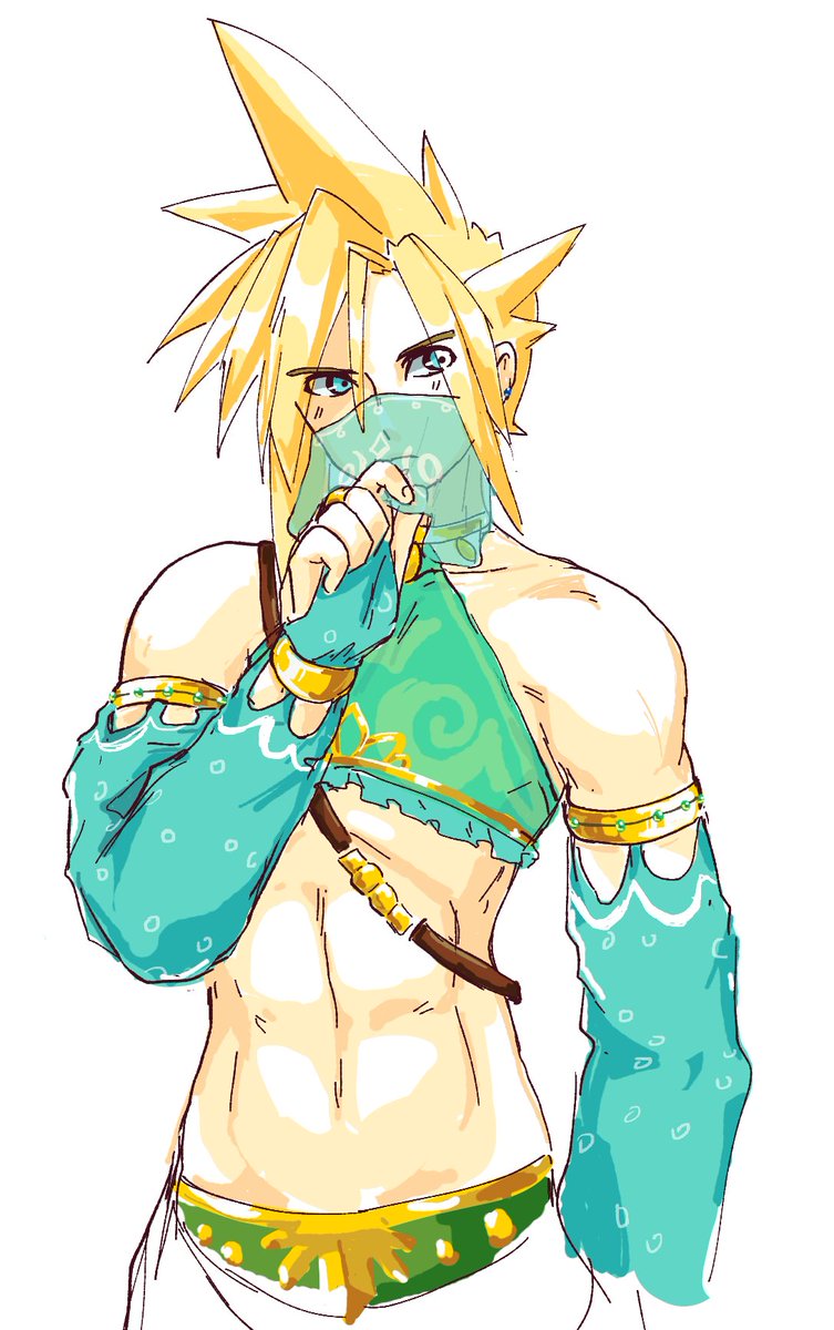 1boy 2019 androgynous breath_of_the_wild cloud_strife crossdressing femboy final_fantasy final_fantasy_vii gerudo_sirwal gerudo_top gerudo_veil link_(cosplay) male male_only solo the_legend_of_zelda thunder_head yellow_kirby