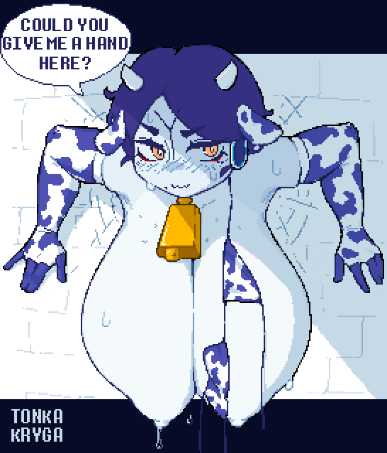 1girls, alien, alien girl, alien humanoid, animal ears, areolae, bare shoulders, big areola, big breasts, bikini, bikini aside, bikini removed, bikini top, bikini top removed, blue hair, blue skin, blush, blushing, breasts, breasts out, brick wall, cleavage, cow ears, cow girl, cow horns, cow humanoid, cowbell, cowbell collar, cowprint, cowprint armwear, cowprint bikini, deep cleavage, embarrassed, erect nipples, exposed breasts, eyebrows, facing viewer, female focus, ghost areola, ghost nipples, gloves, hands against wall, hanging breasts, heavy breasts, huge breasts, k'ino (tonka kryga), kemonomimi, kino (tonka kryga), large areolae, large breasts, light skin, light-skinned female, long gloves, looking away, looking away from viewer, monochrome, mouth closed, naked, naked female, nipples, nude, pixel art, pov, puffy areolae, sagging breasts, short hair, side eye, solo, solo focus, stuck, stuck in wall, sweat, sweatdrop, sweatdrops, tau, tonka kryga, topless, warhammer (franchise), warhammer 40k, yellow eyes