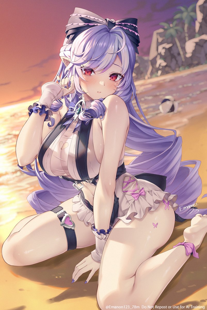 1girls, breasts, cameltoe, colored nails, drill hair, emanon123, emanon123 (artist), exposed breasts, female, female focus, female only, high heels, hoyoverse, long hair, long nails, mihoyo, official alternate costume, painted nails, painted toenails, purple hair, purple nails, red eyes, solo, solo female, swimsuit, vivian banshee, vivian banshee (iris of the shore), white swimsuit, zenless zone zero