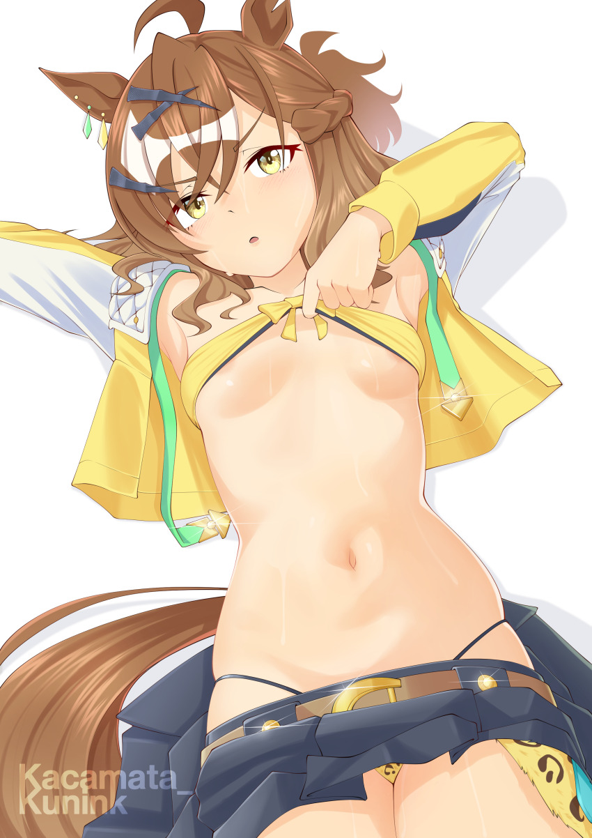 animal ears, armpits, belly button, braid, brown hair, clothing, female, horse ears, horse girl, horse tail, jacket, jacket open, jungle pocket (umamusume), kacamata kunink, laying, laying down, laying on back, leopard print, leopard print panties, multicolored hair, navel, open jacket, panties, ponytail, pulling clothing, short hair, small breasts, sweat, tail, tan hair, umamusume, umamusume pretty derby, undressing, white hair, yellow eyes