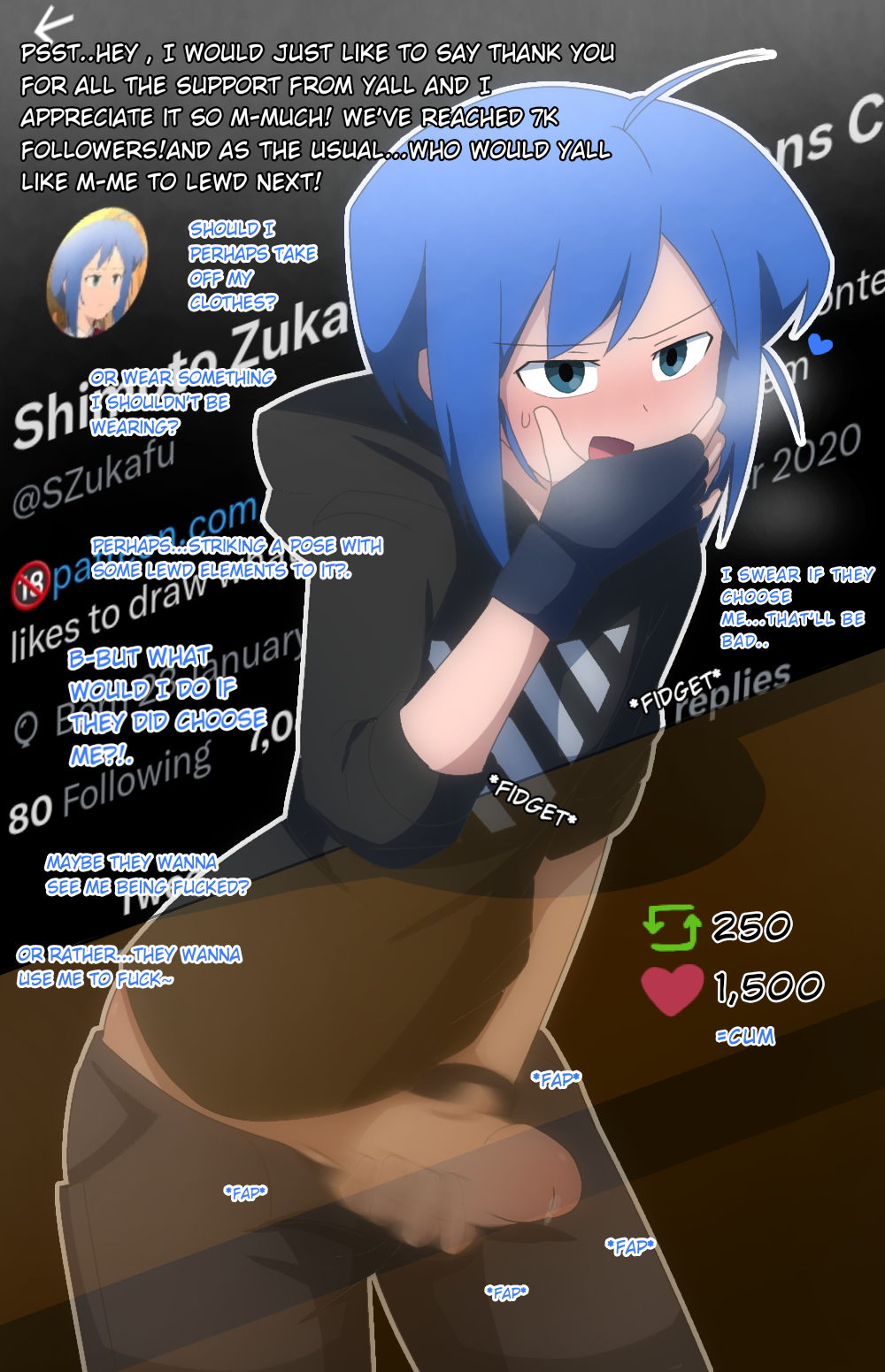 artist baggy_pants blue_eyes blue_hair blush english_text fapping femboy fingerless_gloves hoodie jerking male_focus male_only oc pants_down public_masturbation self_insert sneaky stealth_masturbation text trap zukafu_shimoto zukafu_shimoto_(character)