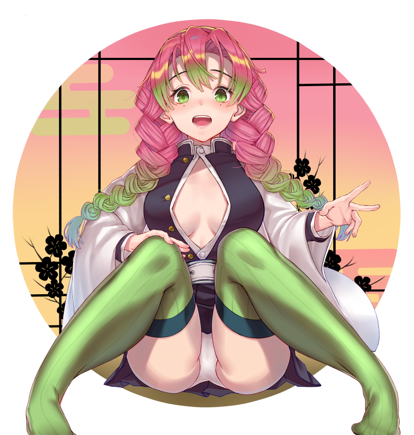 1girls, blush, braided hair, breasts, demon slayer, embarrassed, female, green eyes, haori, kanroji mitsuri, kimetsu no yaiba, looking at viewer, medium breasts, miniskirt, open eyes, open mouth, panties, pantyshot, pink hair, pink-haired female, skirt, solo, surprised, thighhighs, underwear, white panties