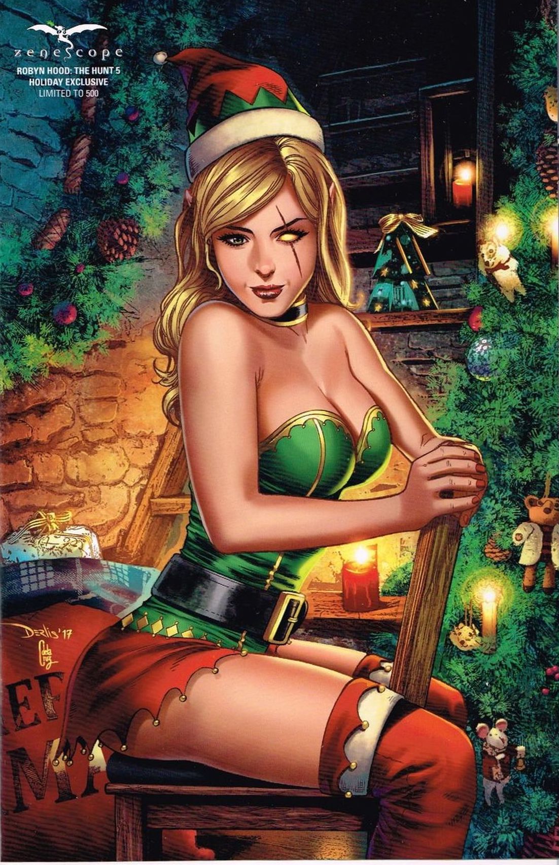 1girls belt big_breasts big_breasts black_belt blonde_hair blue_eye breasts busty ceci_de_la_cruz chair christmas christmas_hat christmas_lights christmas_ornament christmas_outfit christmas_present christmas_presents christmas_tree cleavage comic_cover derlis_santacruz female female_only glowing_eye green_shirt grimm_fairy_tales_(comic) hat large_breasts lipstick miniskirt nail_polish official_art ornament pinup present red_lips red_lipstick red_miniskirt red_nail_polish red_nails red_skirt red_thighhighs robyn_hood robyn_locksley santa_hat scar shirt sitting skirt solo text thighhighs thighs tree wooden_chair yellow_eye zenescope zenescope_entertainment