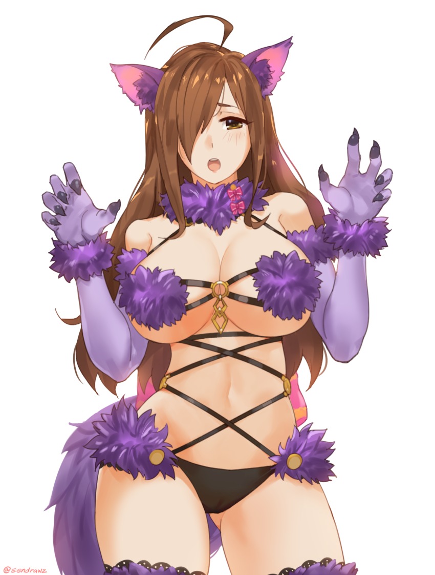 1girls, alternate costume, animal ears, black panties, blush, breasts, brown hair, cat ears, claws, cosplay, embarrassed, fate (series), fate/grand order, female, fur bikini, impossible clothes, kono subarashii sekai ni shukufuku wo!, large breasts, long hair, mash kyrielight (cosplay), mash kyrielight (dangerous beast) (cosplay), navel, panties, sendrawz, solo, tail, underwear, wiz (konosuba), wolf costume