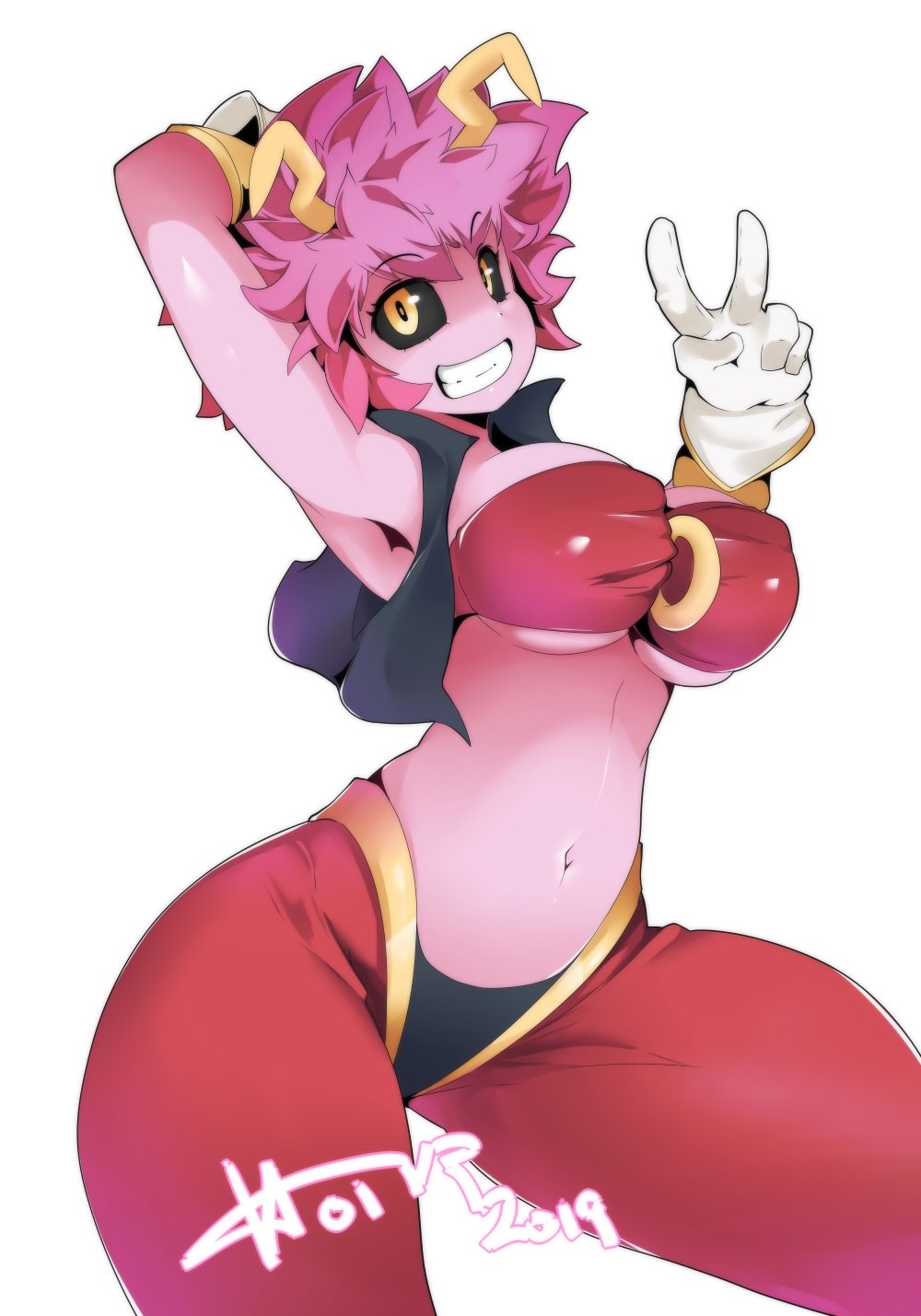 1girls, alternate costume, armpits, belly dancer, breasts, cosplay, female, female only, fully clothed, gloves, harem outfit, horns, hotvr, impossible clothes, jewelry, large breasts, mina ashido, my hero academia, navel, open eyes, pink hair, pink skin, pink-haired female, shantae, shantae (cosplay), smile, smooth skin, solo, v, white background